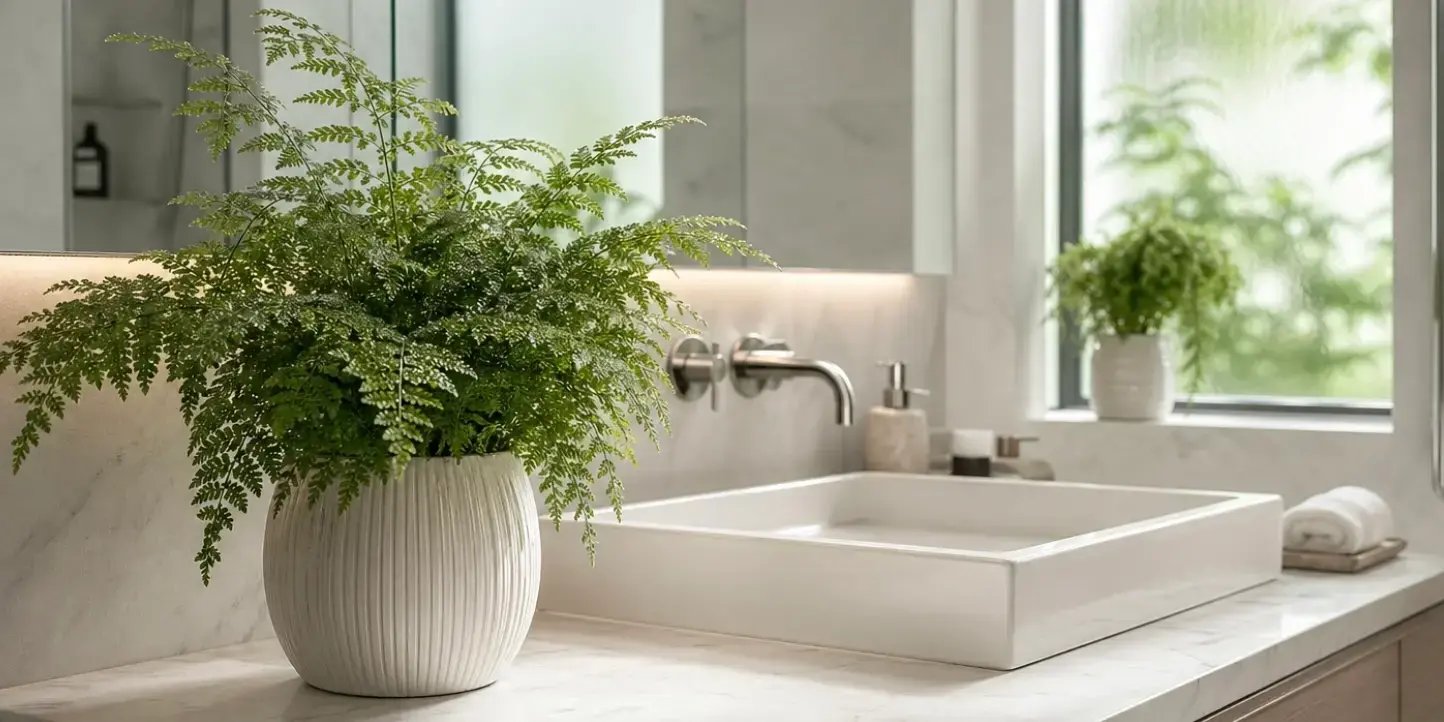 “Baño moderno y luminoso con una maceta que contiene un helecho verde frondoso. El baño tiene azulejos claros, espejo grande, lavabo elegante y luz natural entrando por una ventana