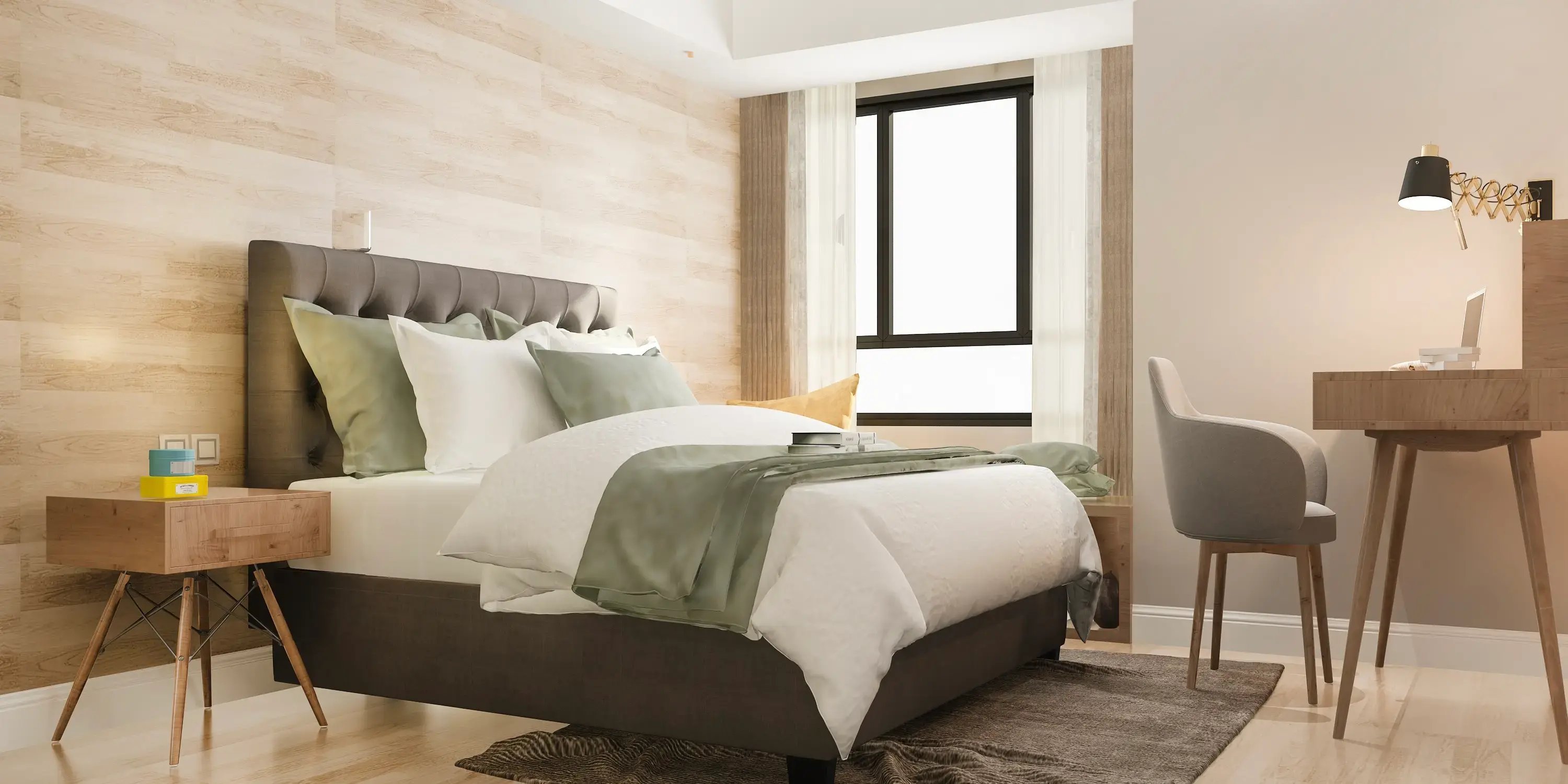 Dormitorio con cama, buró y silla. Habitación espacio relajante