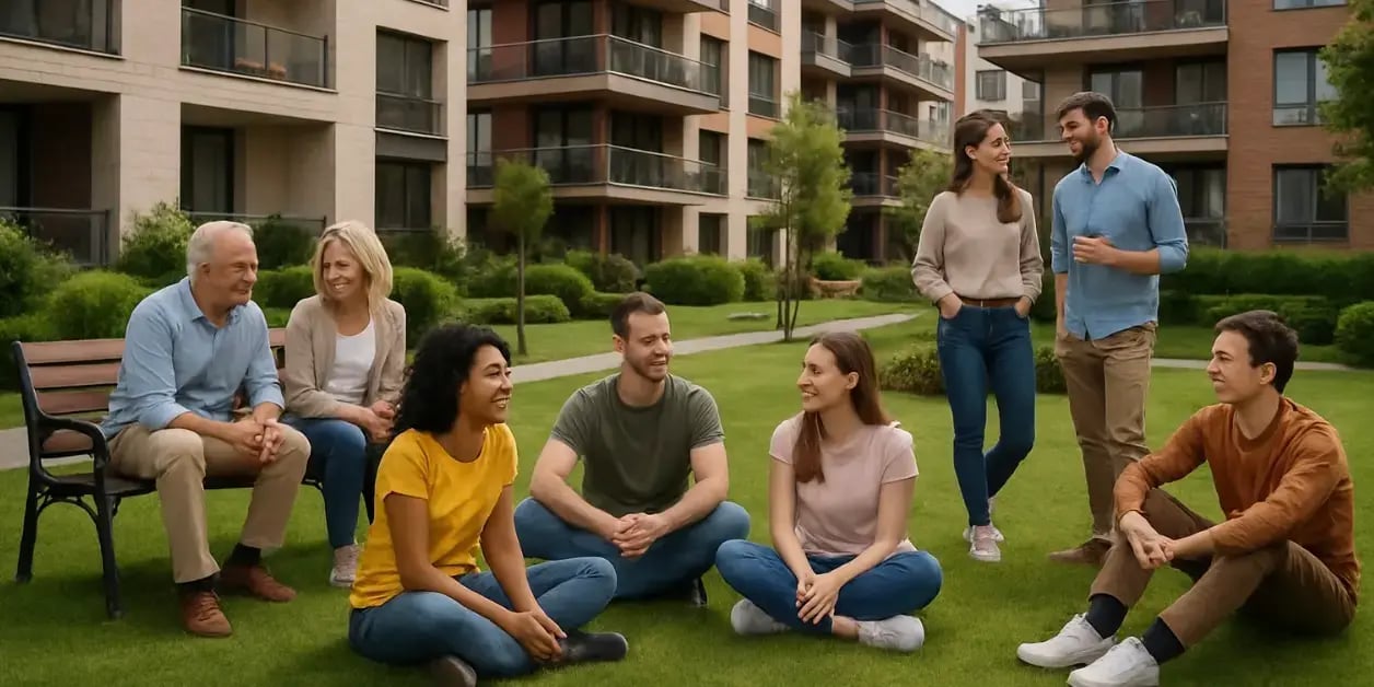 8 personas conviviendo en las reas verdes de un desarrollo inmobiliario