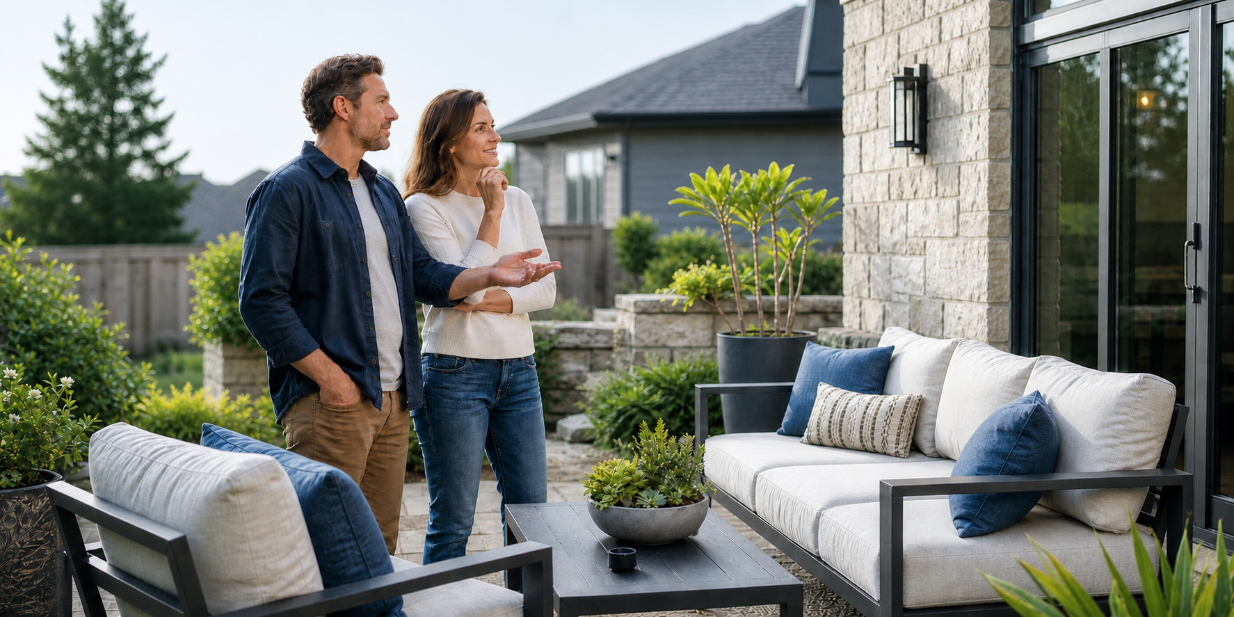 Una pareja en el patio de su casa, pensando y conversando sobre cómo decorar y renovar el espacio exterior. Ambos observan el patio mientras imaginan diferentes opciones.