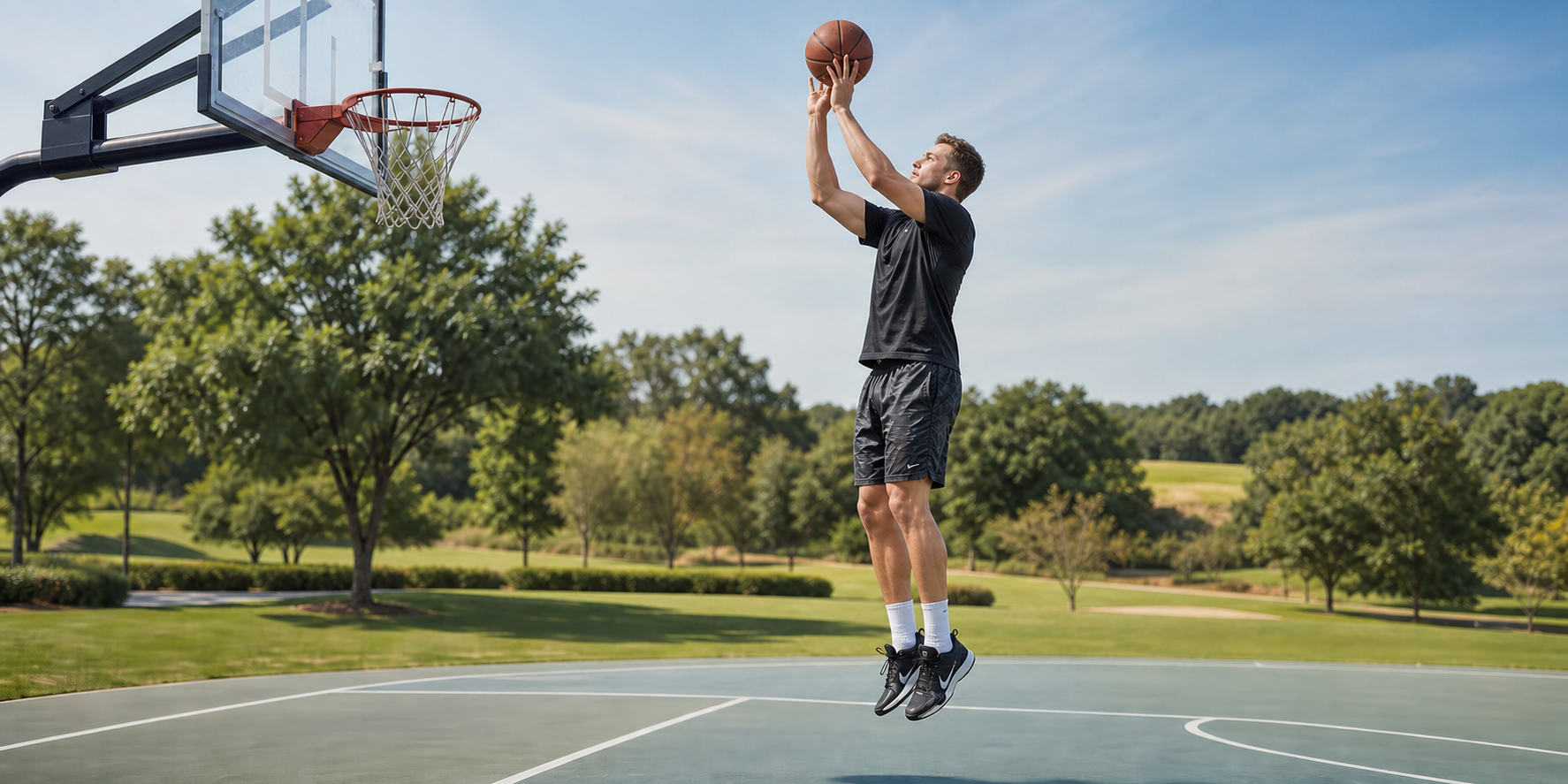 Un hombre adulto lanzando el balón hacia una canasta de básquetbol en una cancha deportiva al aire libre.