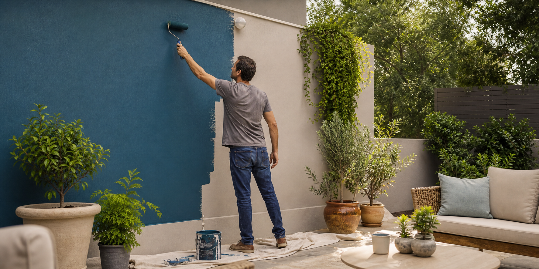 Un hombre pintando una de las paredes del patio de su casa con un tono de acento moderno y llamativo. El patio utiliza una paleta armoniosa con un color base neutro en las paredes.