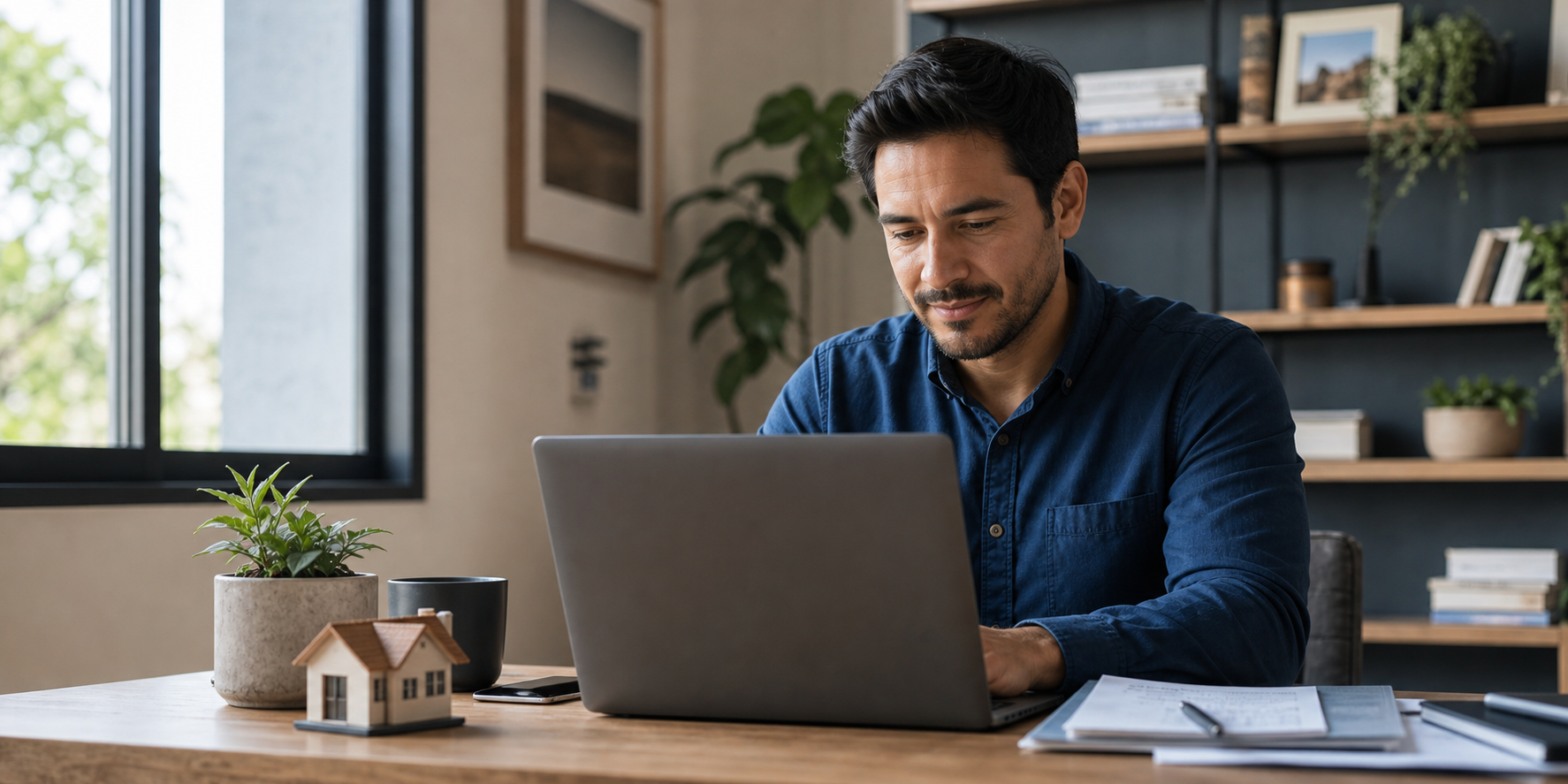 Hombre adulto que recientemente cambió de trabajo, sentado en casa frente a una computadora portátil, revisando atentamente su cuenta de Infonavit y verificando el estado de su crédito.