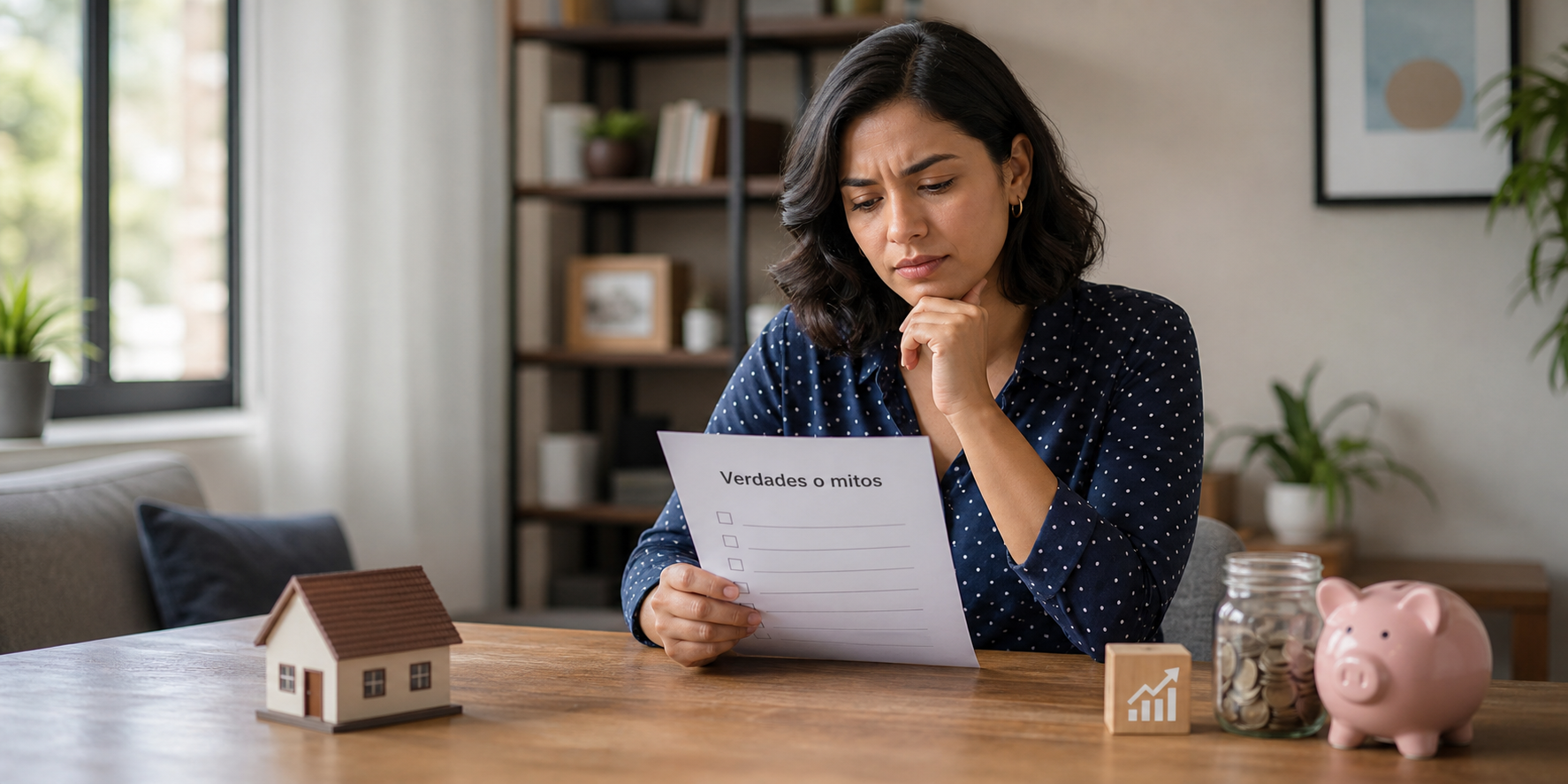Persona adulta confundida y pensativa, sentada frente a una mesa con documentos sobre crédito hipotecario Infonavit, revisando una lista titulada visualmente “Verdades o mitos”.