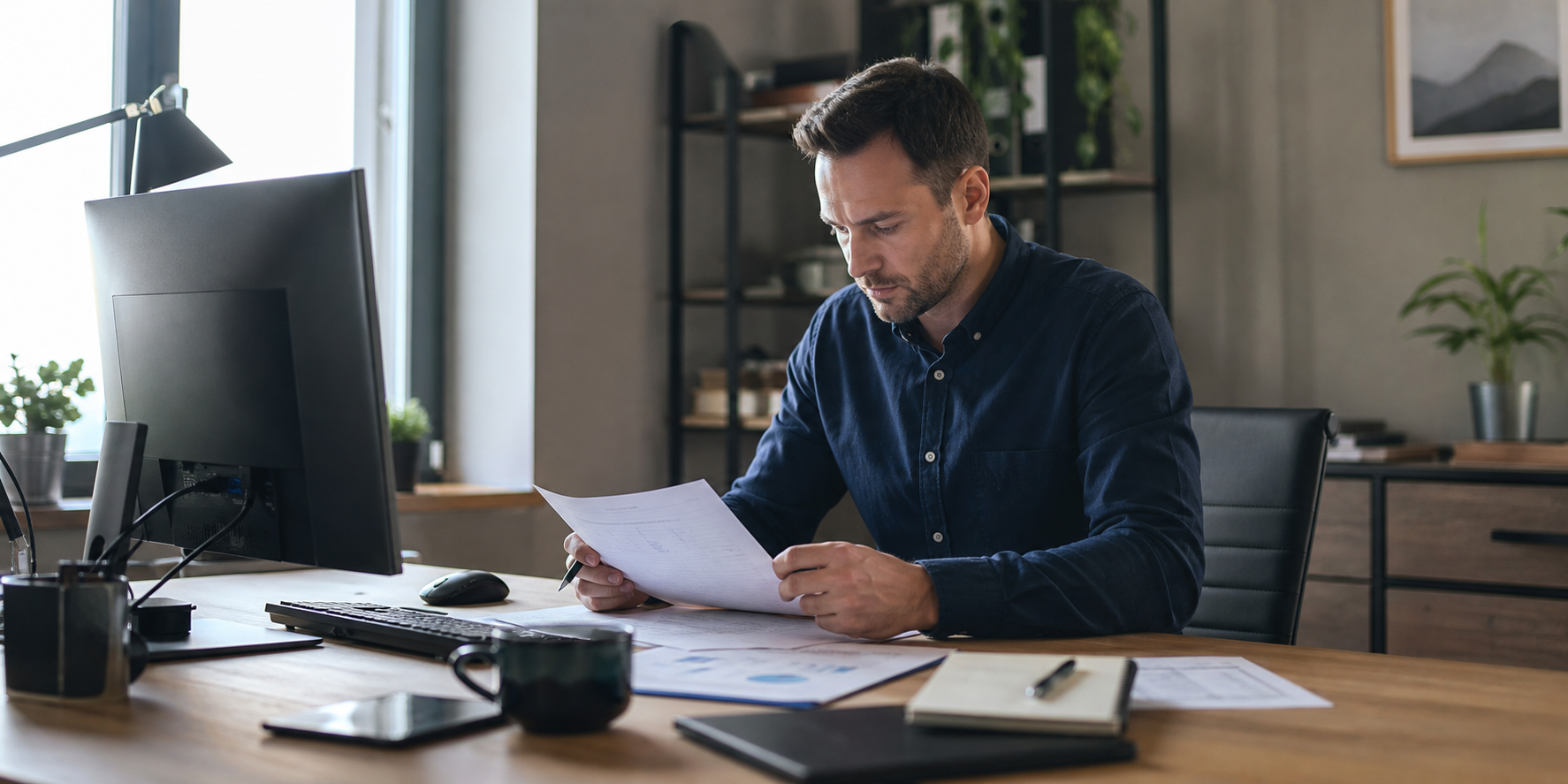 Hombre concentrado trabajando en su home office, sentado frente a un escritorio ordenado con una computadora de escritorio, teclado y monitor encendido. Sobre el escritorio hay documentos.
