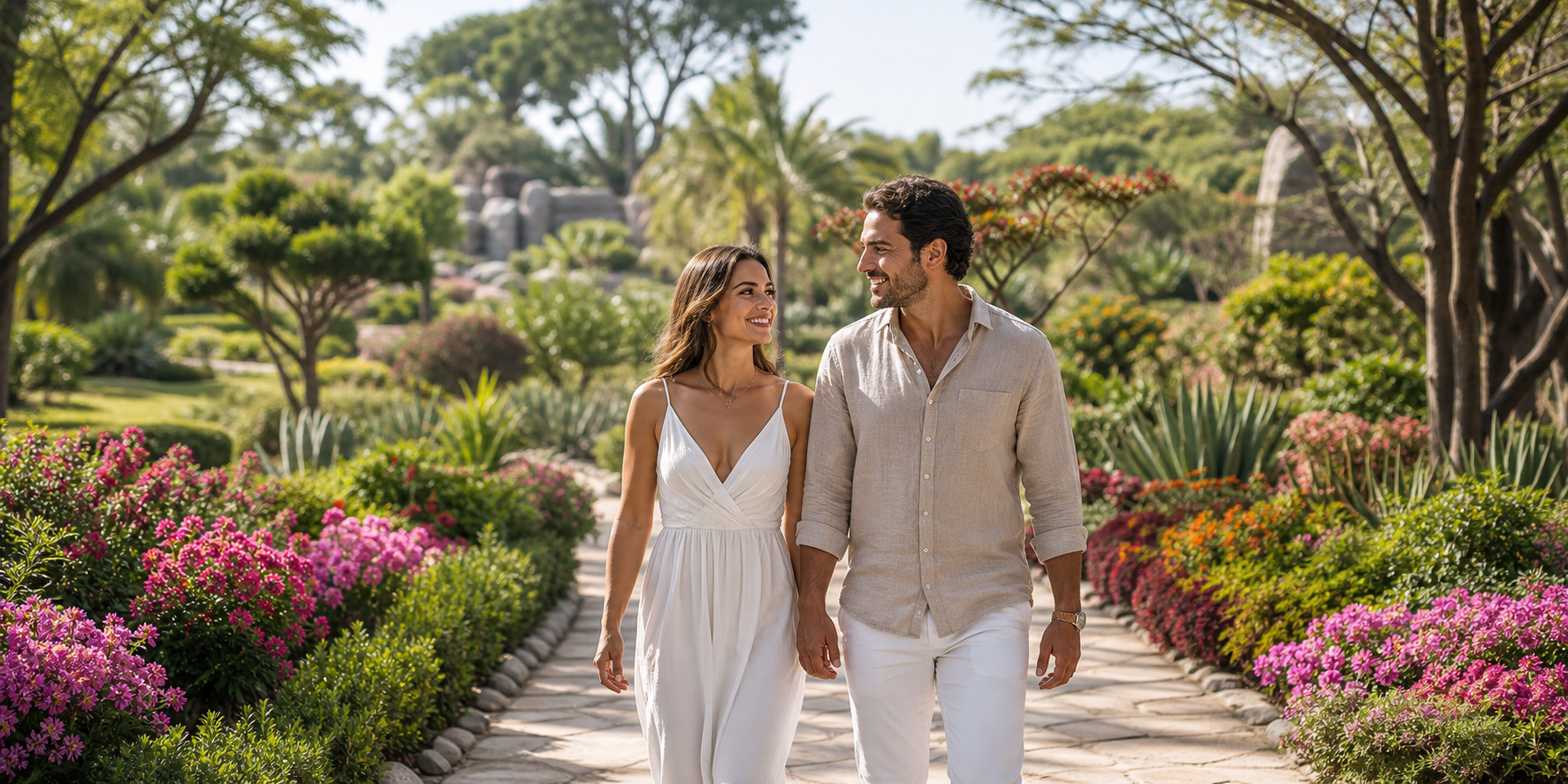 Una pareja adulta caminando felizmente por los impresionantes jardines de Jardines de México, en Morelos. 
