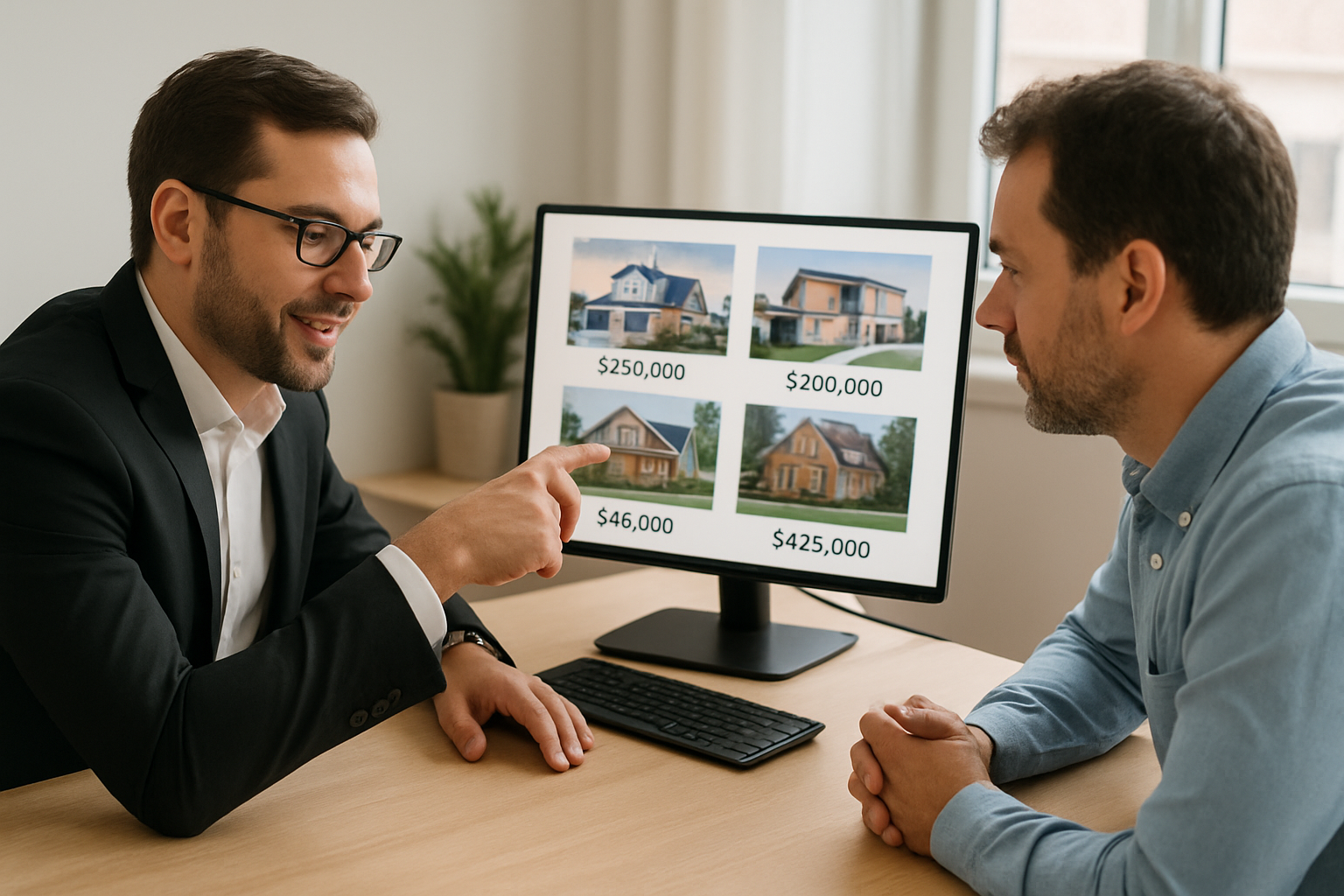 Asesor inmobiliario mostrando a un hombre el catalogo de casas en la pantalla de una computadora y su rango de precios para conocer si la puede compra