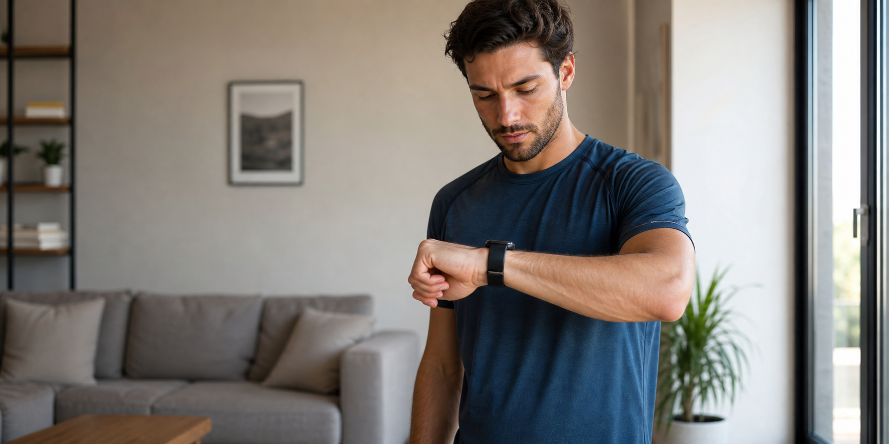 Hombre joven y atlético preparándose para salir a correr. Observa atentamente el temporizador en su reloj inteligente.