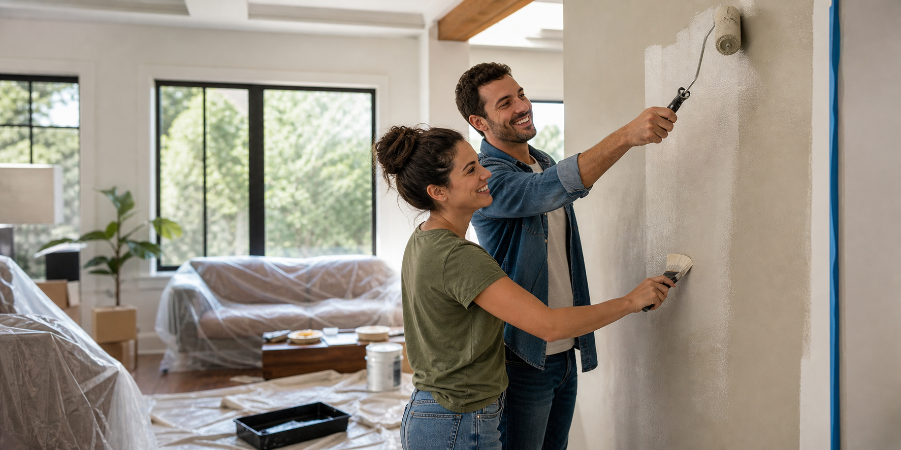 Pareja pintando juntos la pared de la sala de su casa nueva. Ambos llevan ropa casual y muestran expresiones de alegría y entusiasmo mientras utilizan rodillos y brochas para aplicar pintura en una pared amplia y moderna.