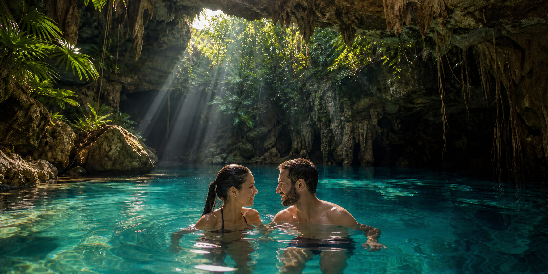 Una pareja disfrutando de un cenote cerca de Playa del Carmen, rodeado de exuberante vegetación tropical.