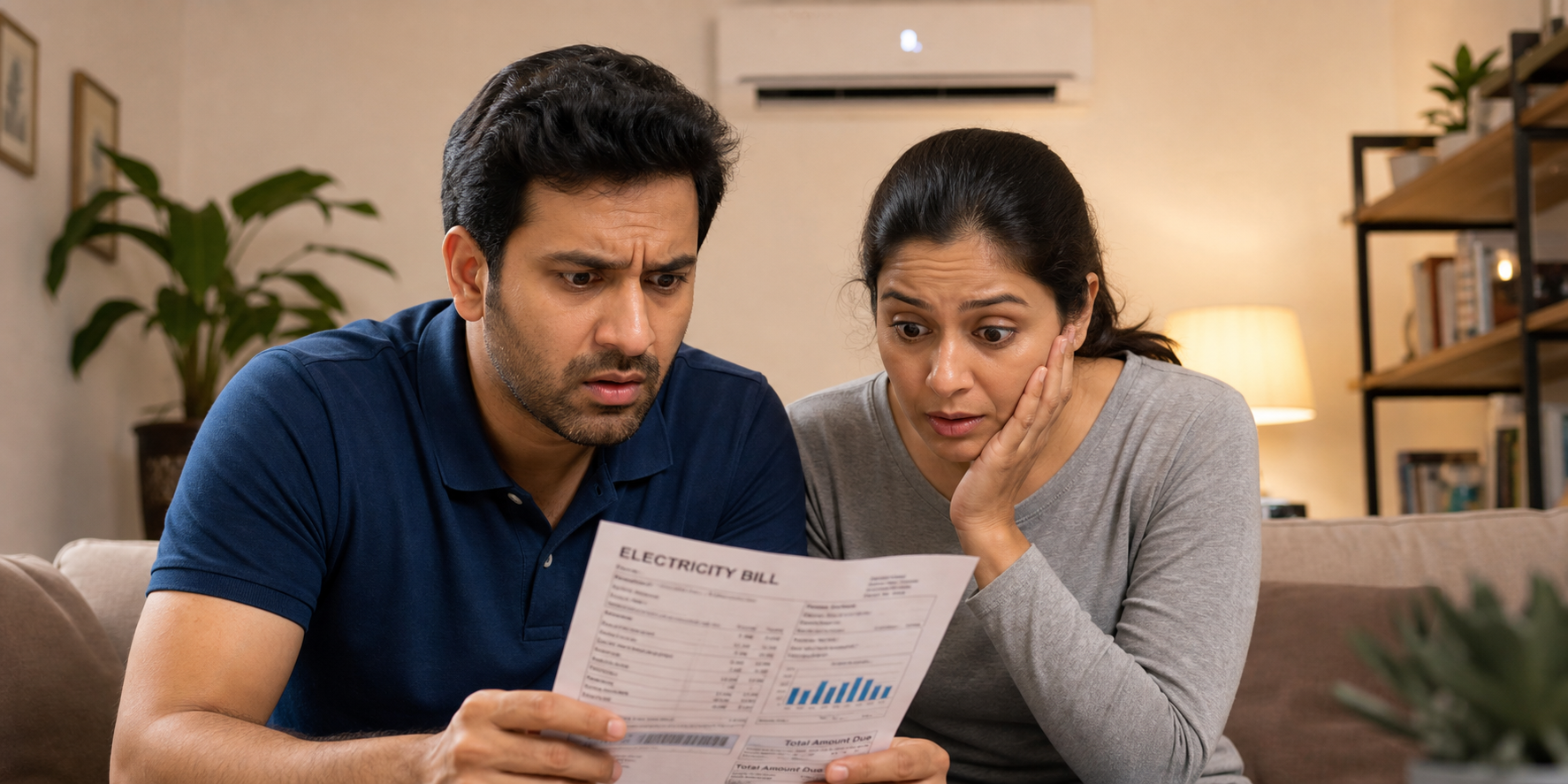 Concerned Couple Observing High Energy Bill in Modern Living Room