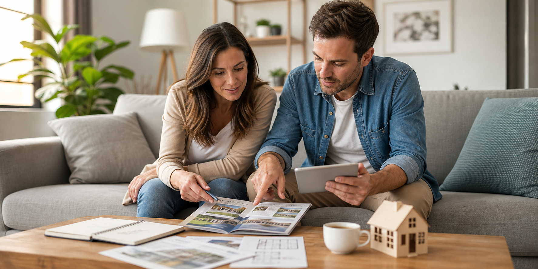 Una pareja sentada en la sala, revisando un catálogo impreso y una tableta con fotografías de diferentes casas en venta.