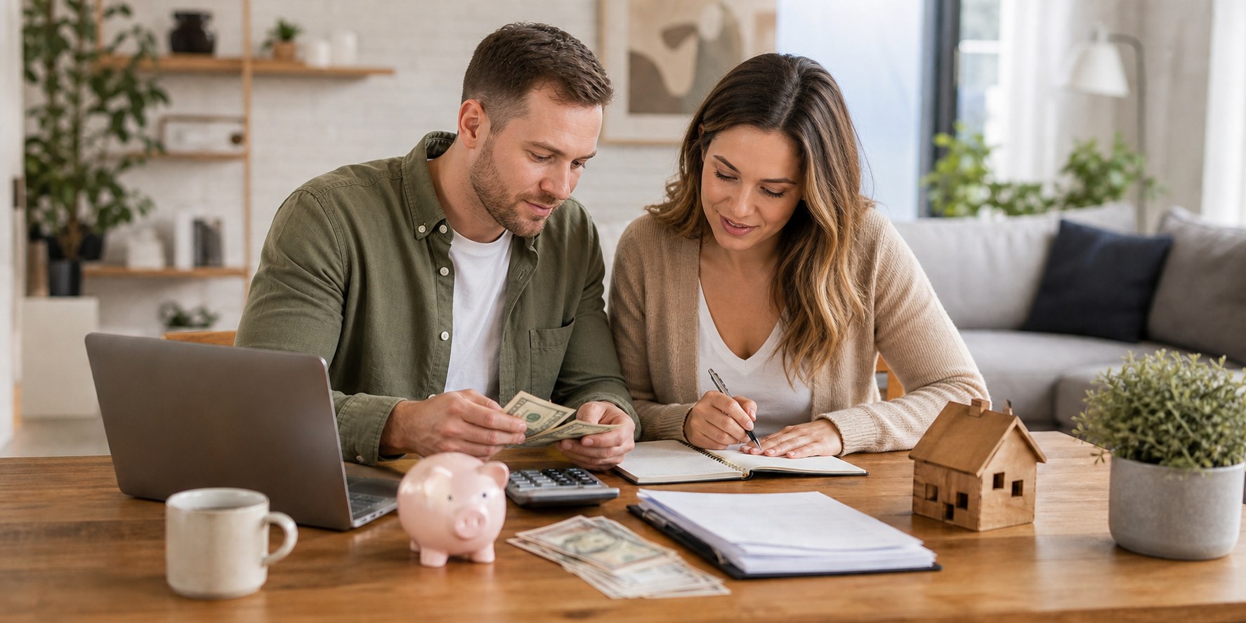 Una pareja reunida en la mesa de su hogar organizando el dinero para el enganche de su futura casa.