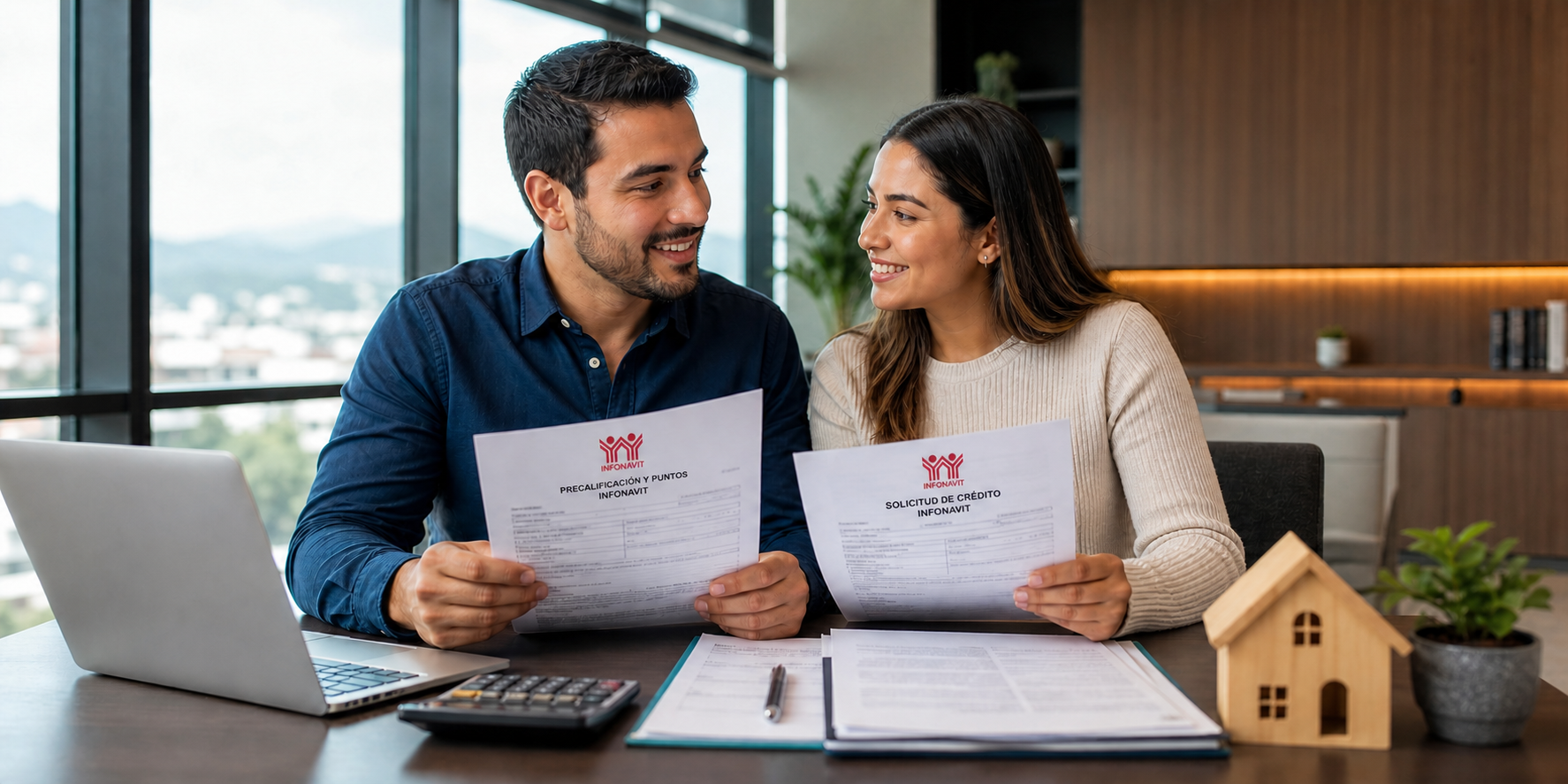 Pareja sostiene y organiza formularios con el logotipo de Infonavit claramente visible en la parte superior.