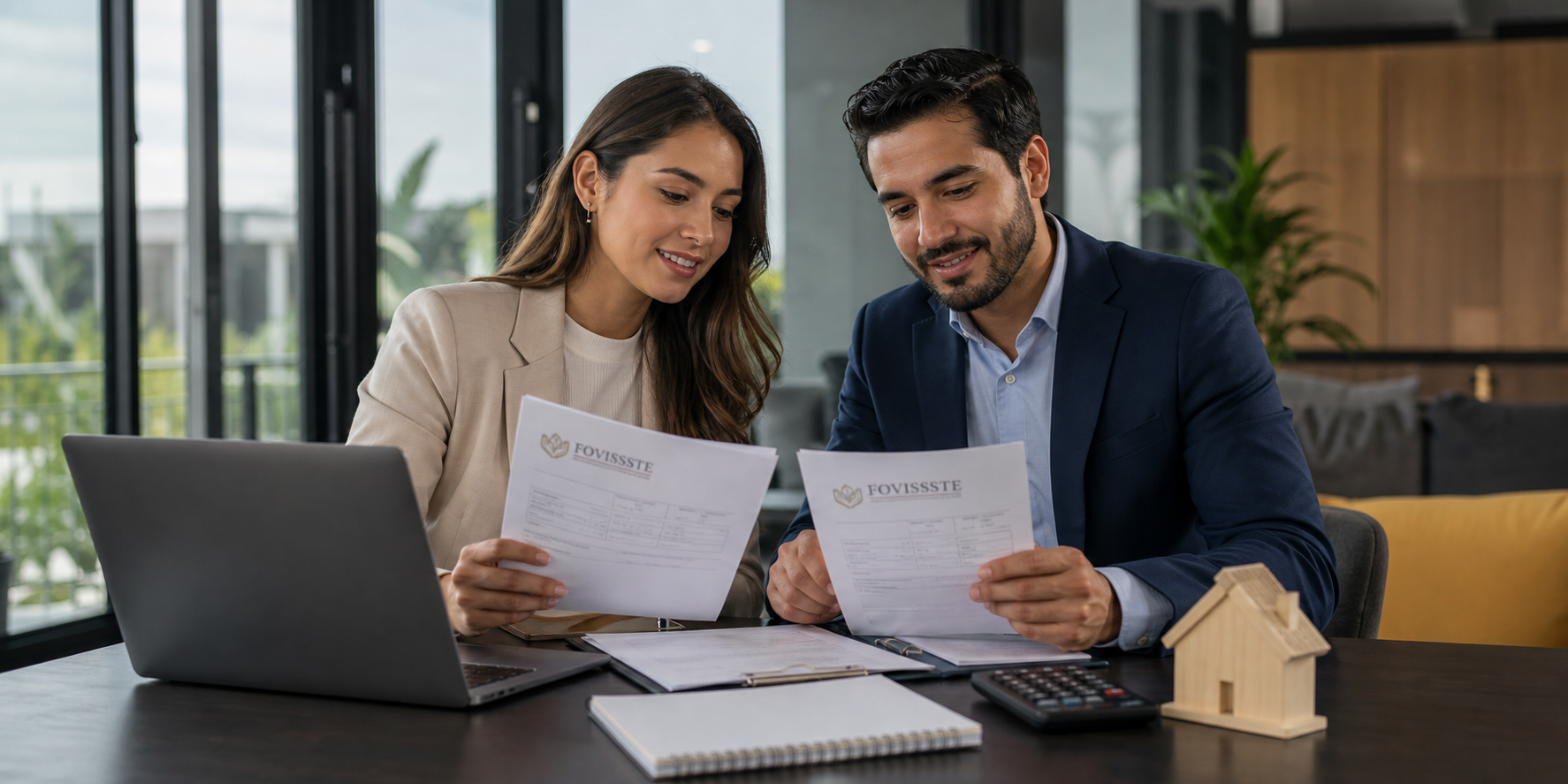 Pareja sostiene y organiza formularios con el logotipo de FOVISSSTE claramente visible en la parte superior.