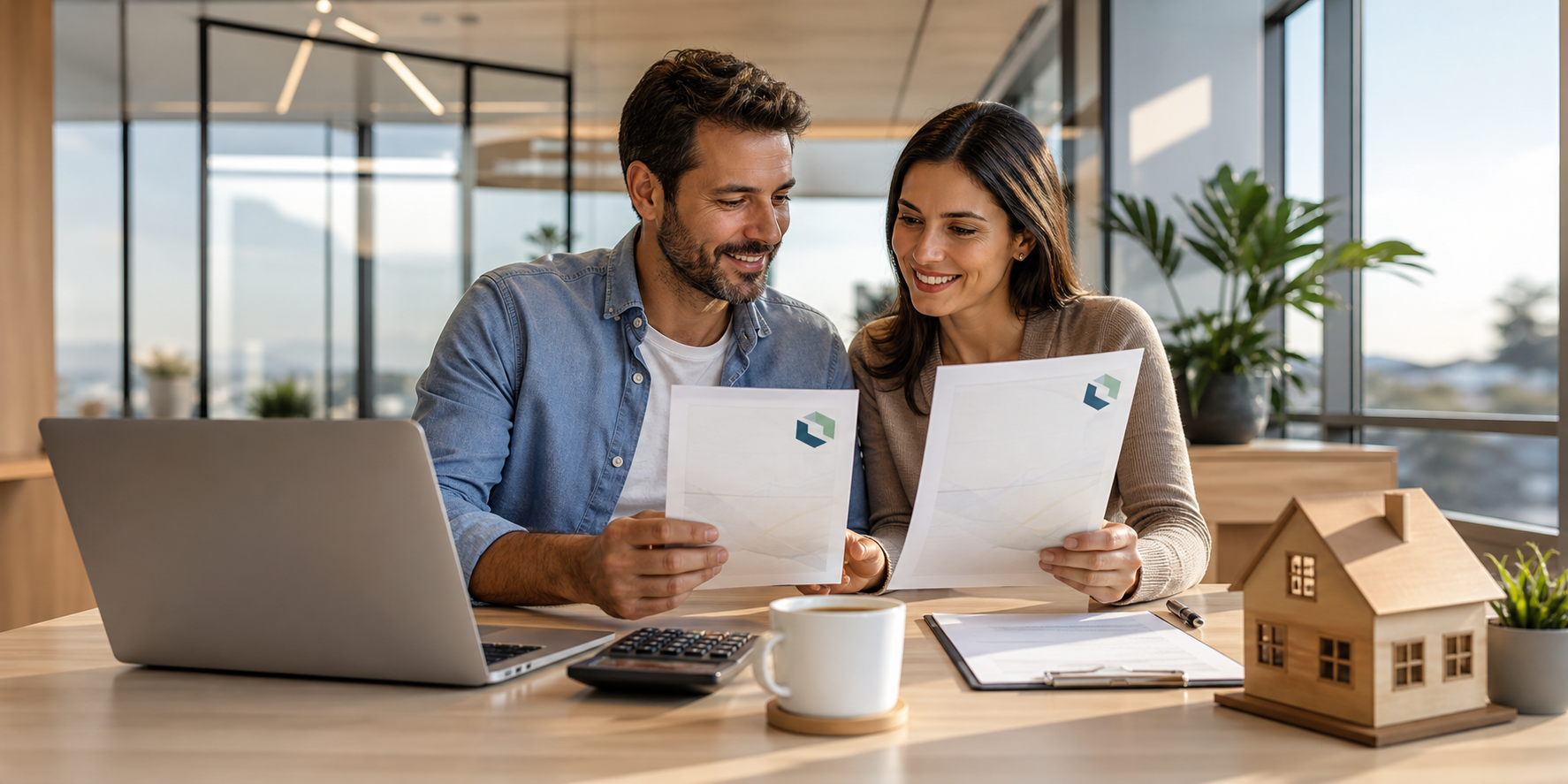 Una pareja revisando documentos de un crédito hipotecario con el logotipo de un banco ficticio en la parte superior de los formularios.