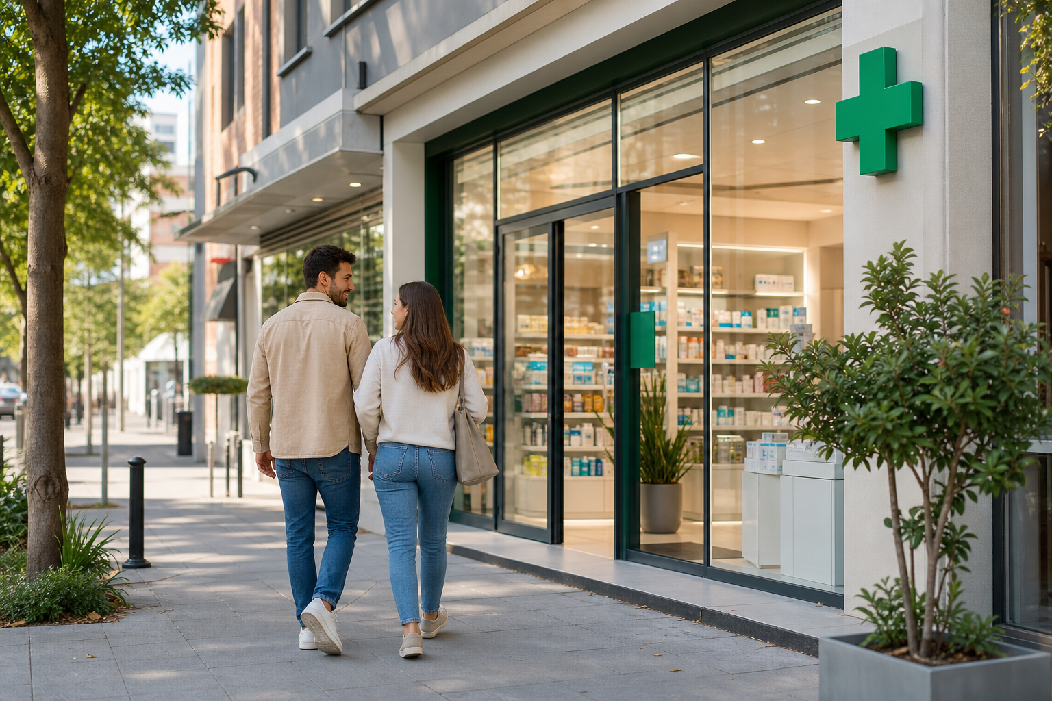 Couples Walking to Pharmacy in Urban Neighborhood