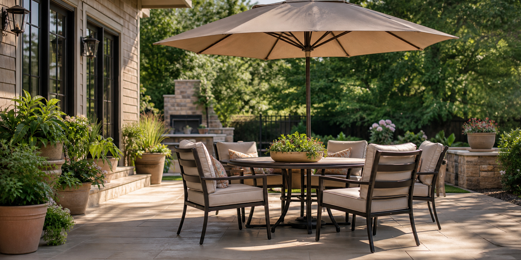 Un patio bien cuidado, con una mesa para exteriores y varias sillas cómodas, acompañado de una gran sombrilla de jardín abierta para proteger el área del sol.&nbsp;