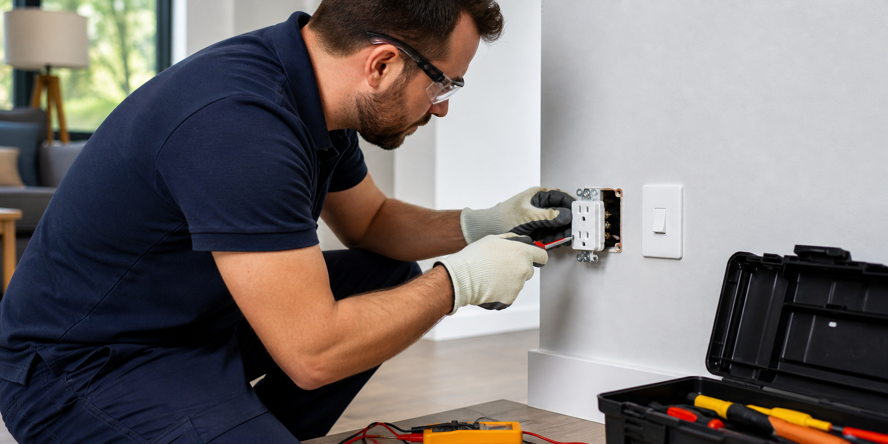 Hombre reparando de forma segura un contacto eléctrico dañado en una vivienda, utilizando equipo de protección y herramientas adecuadas mientras reemplaza un tomacorriente deteriorado por uno nuevo.