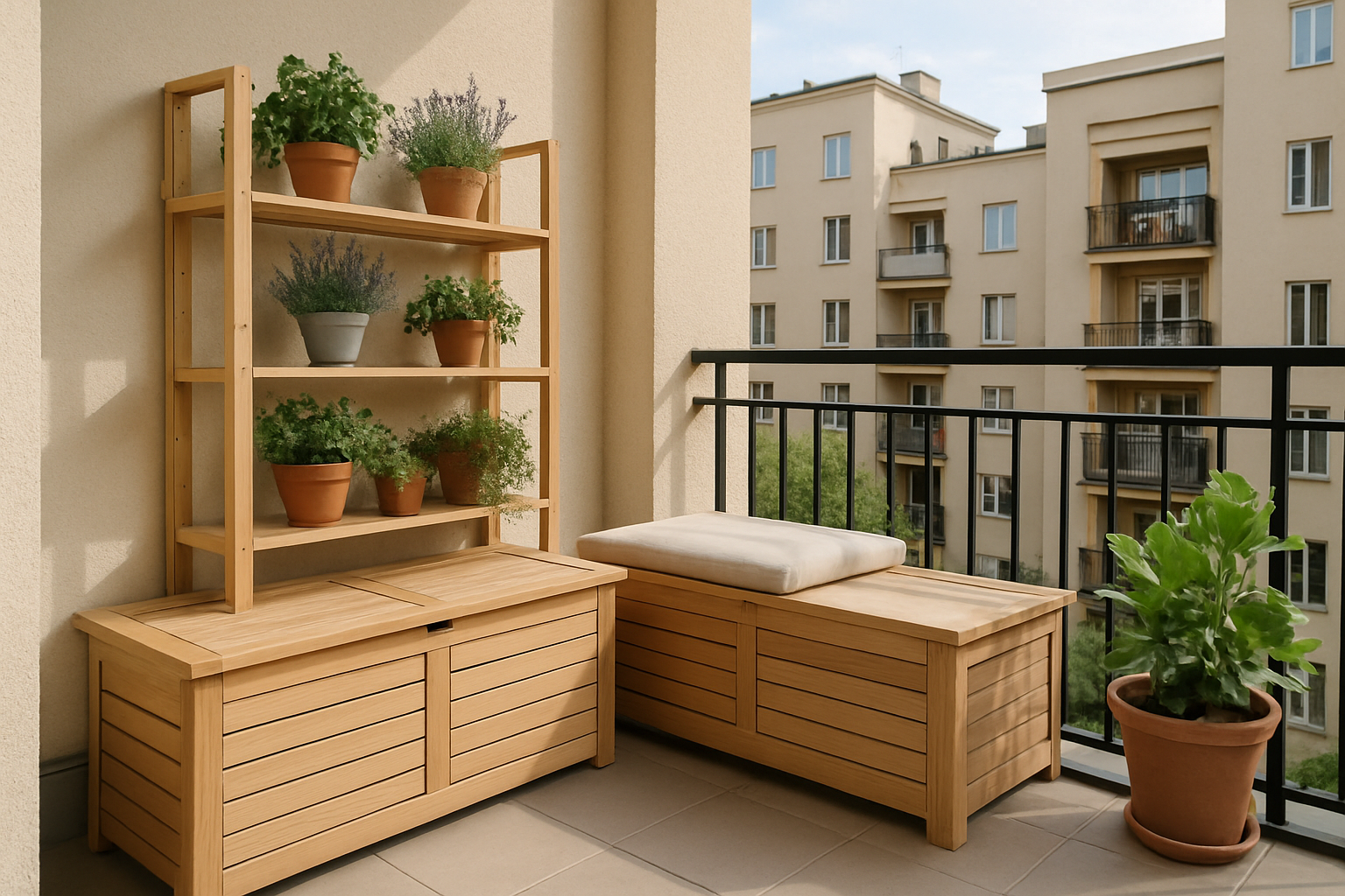 En el balcn de la casa se encuentran Bancos con bal para guardar cojines herramientas o juguetes y estanteras para macetas y tener almacenamiento efic