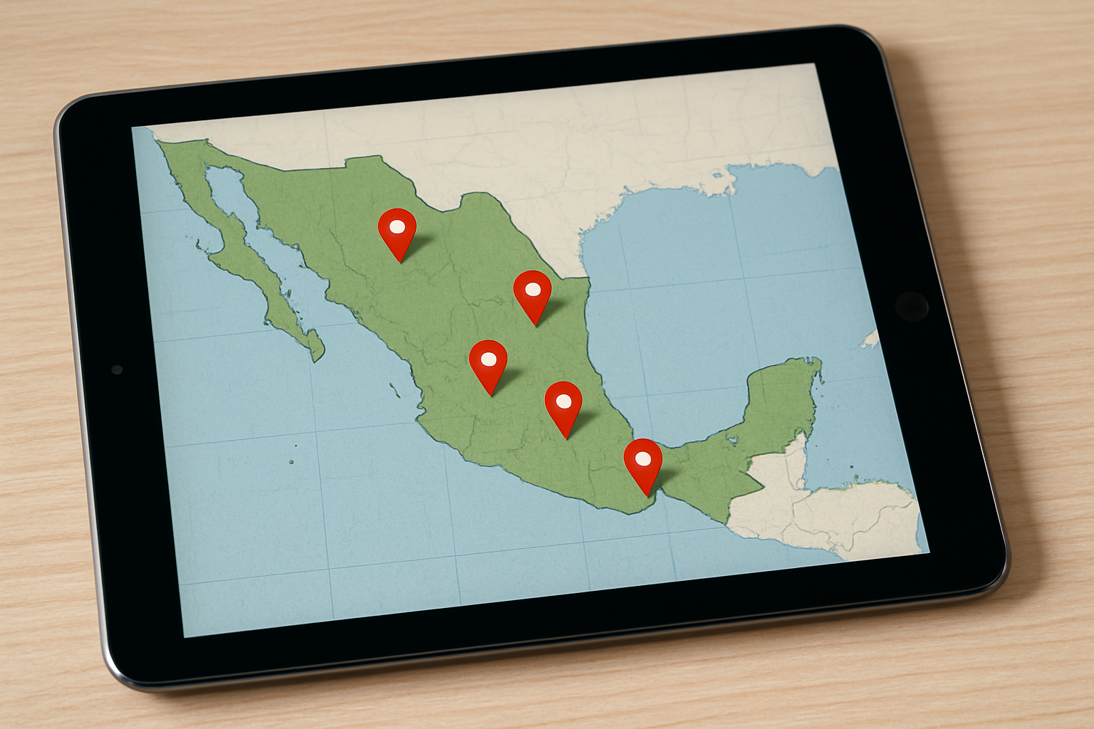 En un ipad con un mapa de mexico se marcan 5 pines de las cuidades-1