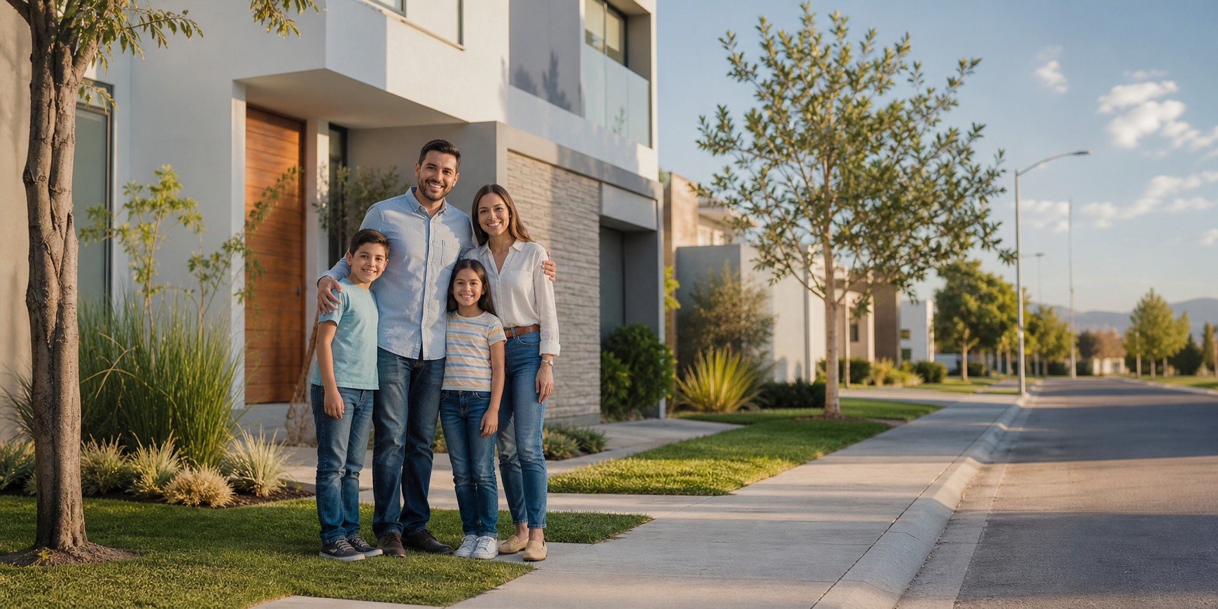 Familia mexicana feliz de cuatro integrantes afuera de su casa, dentro de un desarrollo residencial moderno y tranquilo.
