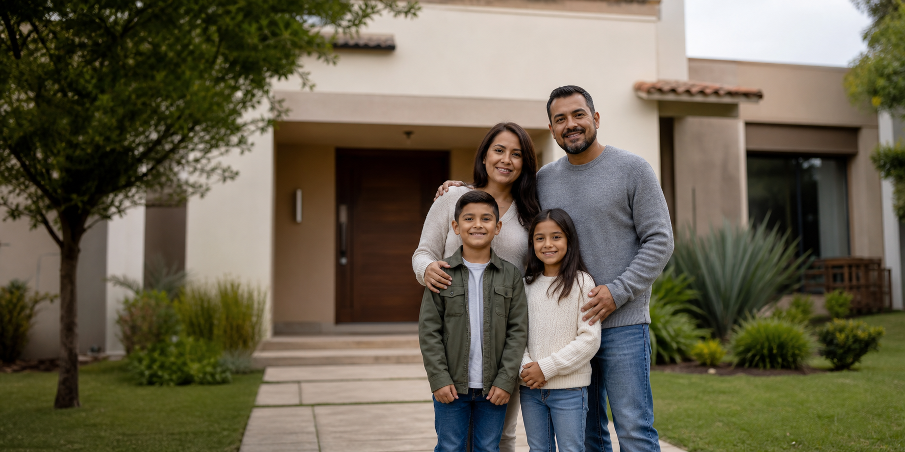 Familia mexicana de cuatro integrantes afuera de su casa, sonriendo y disfrutando de un día de clima templado. Llevan ropa abrigadora ligera.
