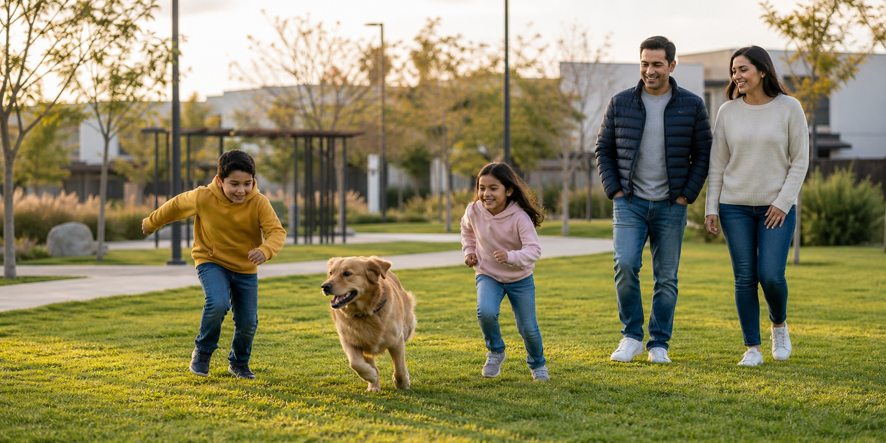 Familia mexicana disfrutando de una mañana soleada pero fresca en un pet park residencial, jugando alegremente con su perro.