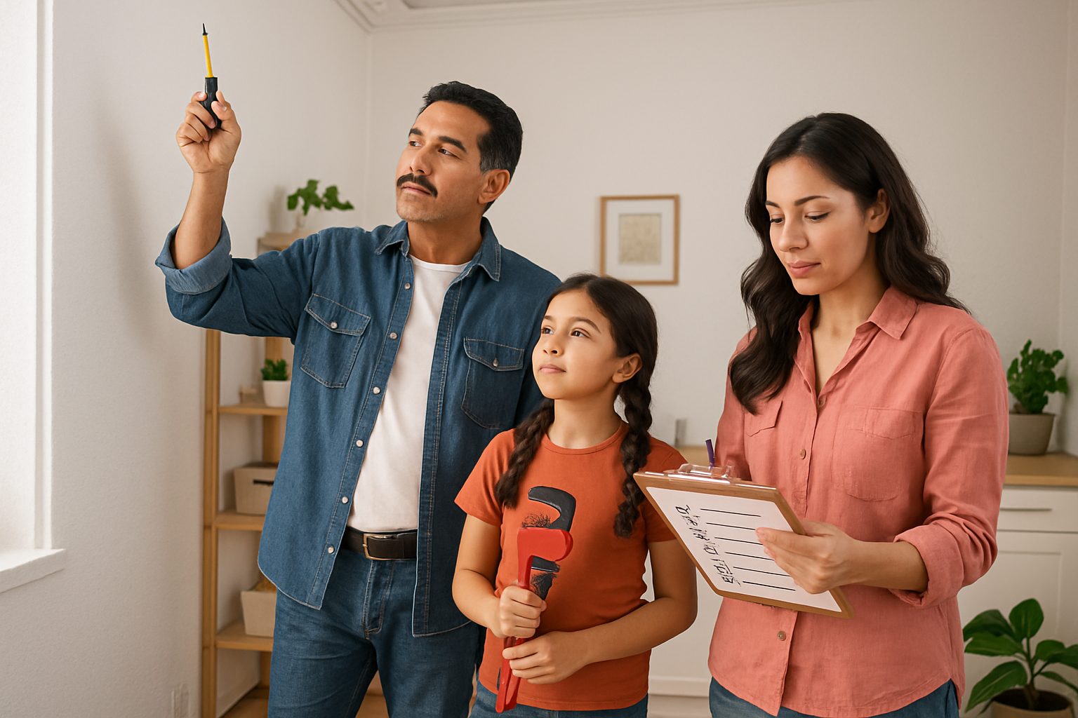 Familia mexicana revisando instalaciones del hogar con herramientas y cchecklist ambiente limpio y organizado que denota cuidado peridico y prevencin-2