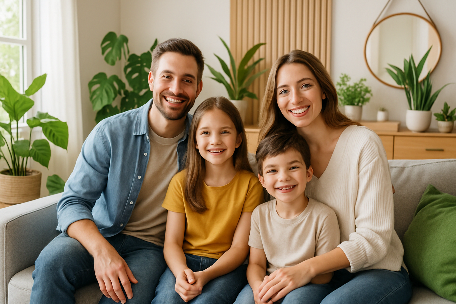 Familia sonriente en una sala luminosa y moderna rodeada de plantas y detalles de madera que transmiten bienestar y salud