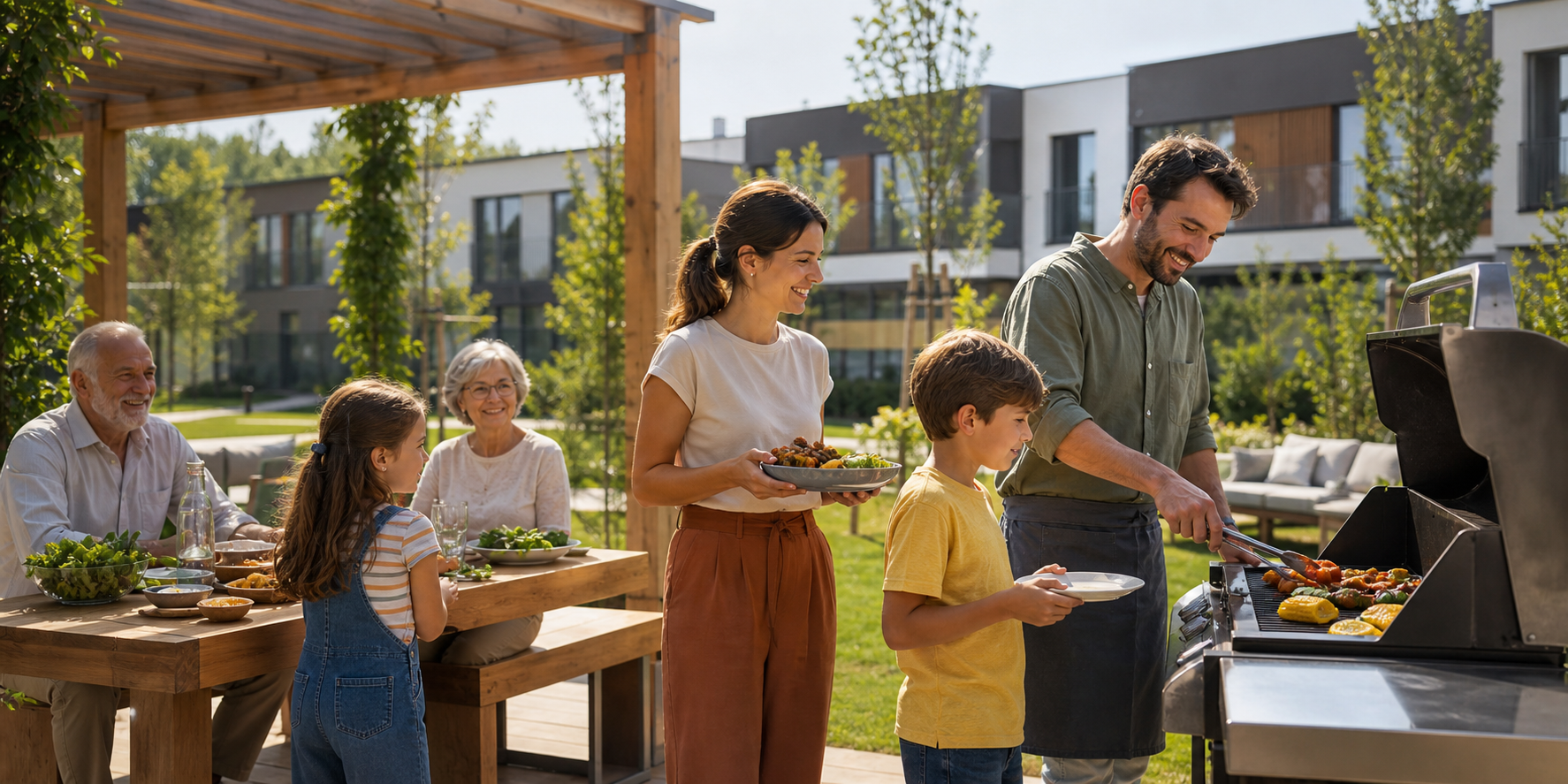 Padres, niños y abuelos reunidos alrededor de un asador, preparando una comida al aire libre y compartiendo un momento alegre. 