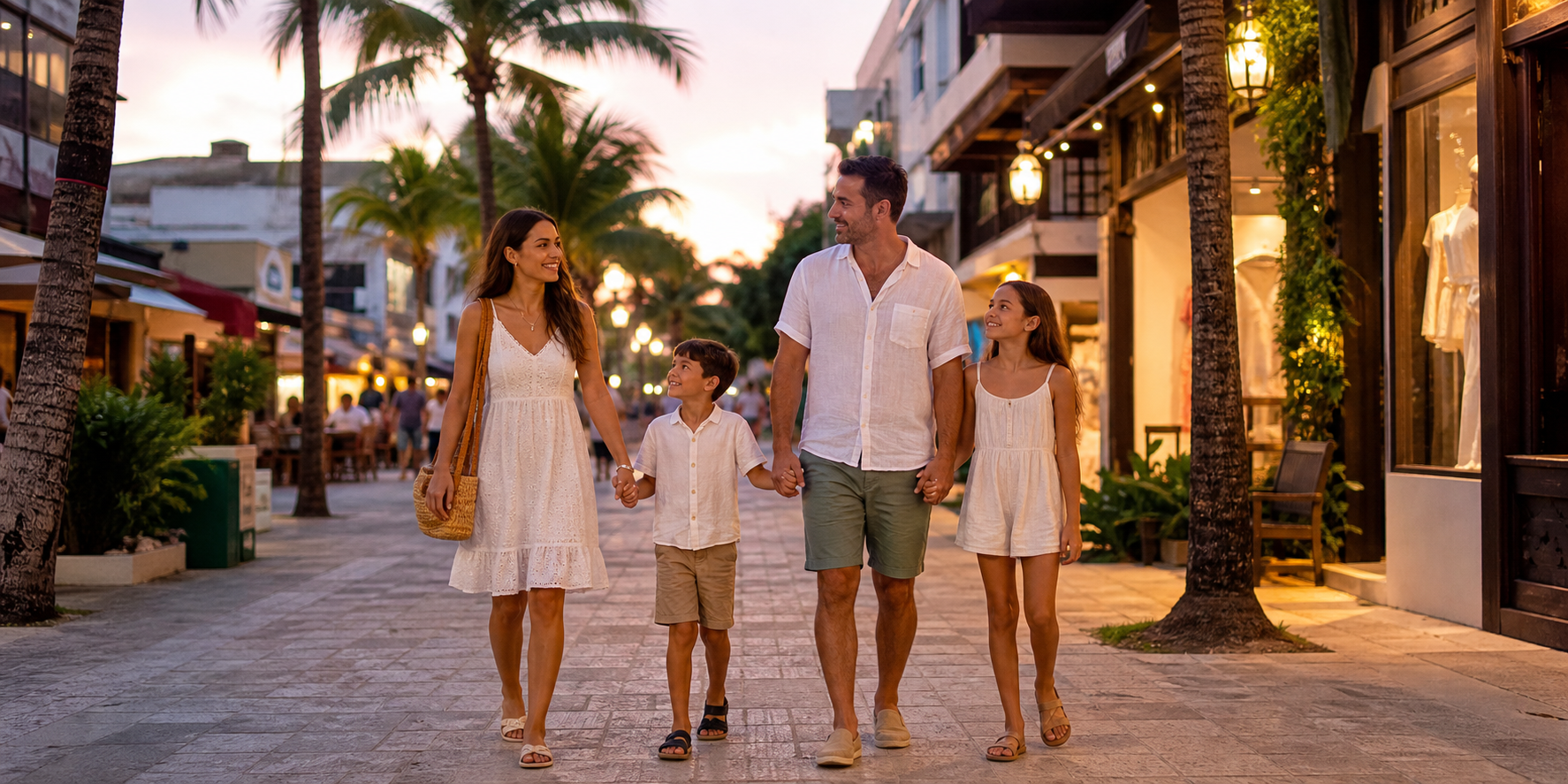 Familia caminando por la Quinta Avenida en Playa del Carmen