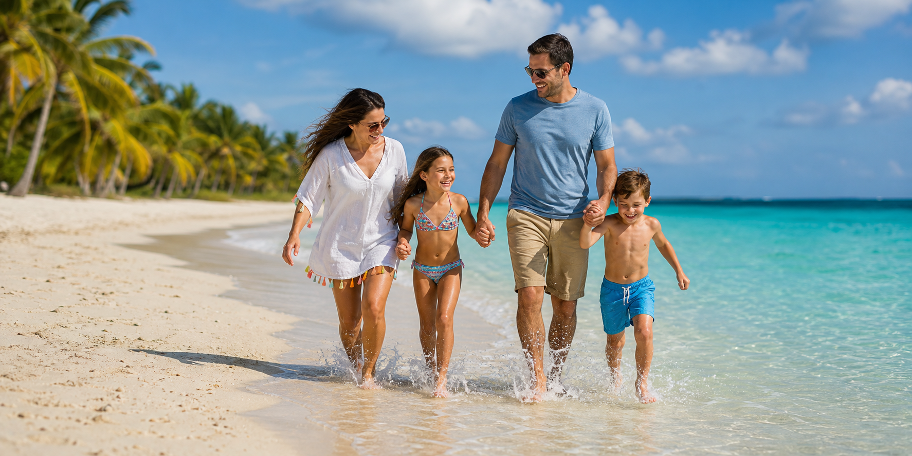 Familia caminando en la playa de Playa de Carmen en un día soleado.