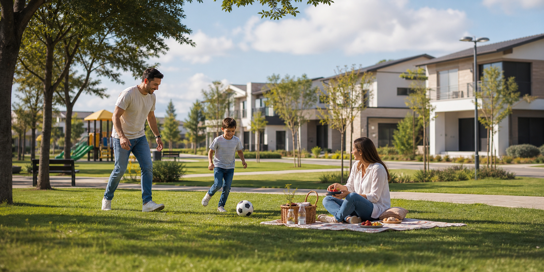 Los padres y un niño disfrutan de una tarde al aire libre, juegan con una pelota en las áreas verdes.