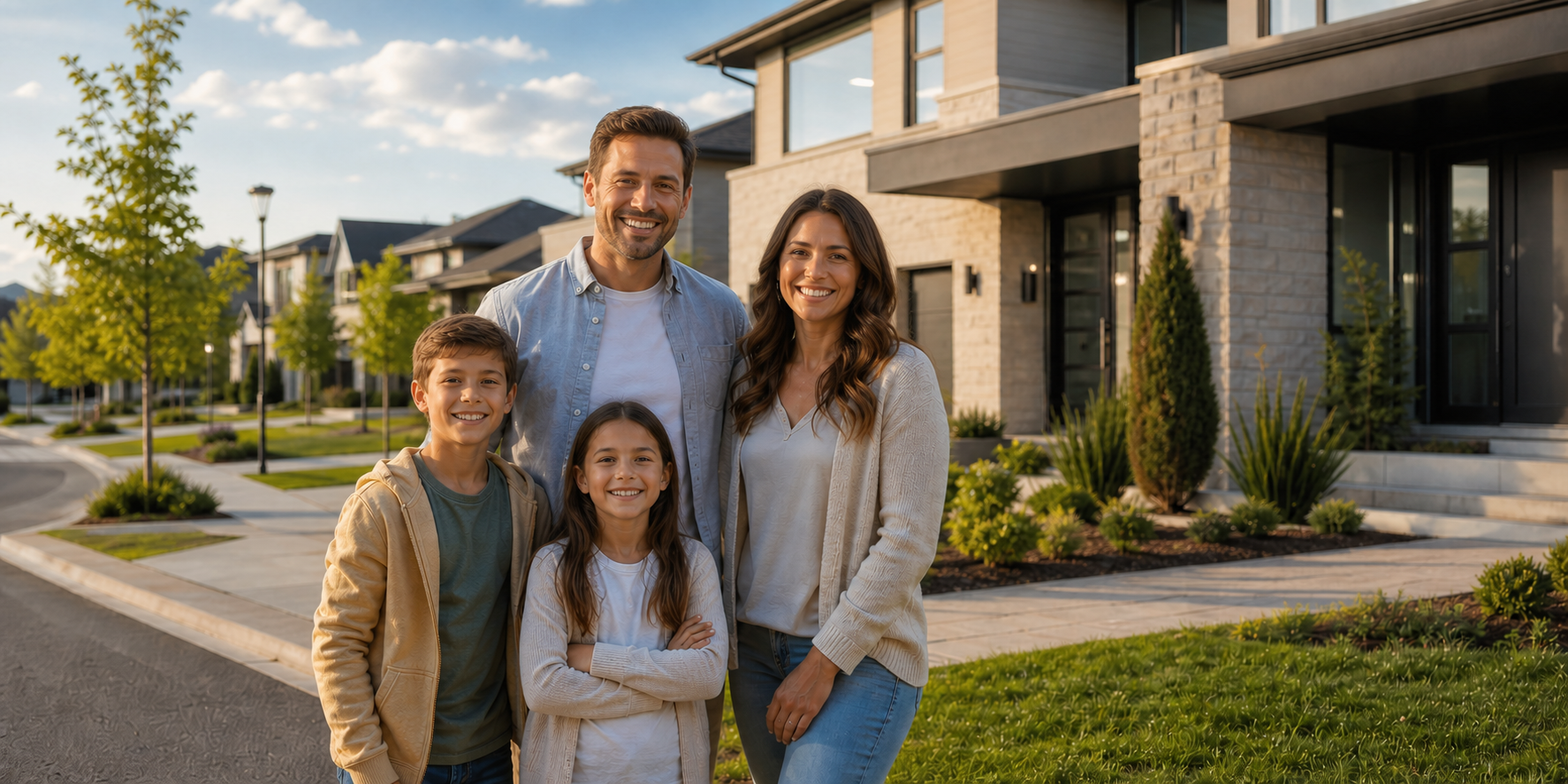 Una familia sonríe mientras disfruta del exterior de su hogar. Visten ropa adecuada para una temperatura templada.