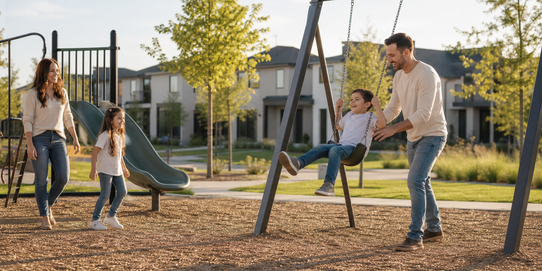 Una familia disfrutando de un área de juegos infantiles dentro de un desarrollo residencial de casas modernas.