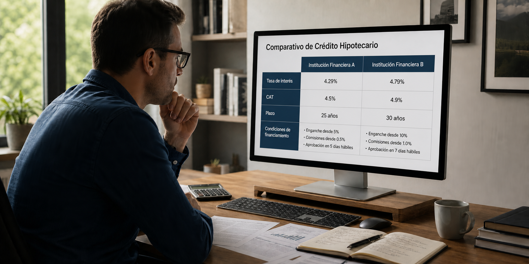 Un hombre revisando en una computadora la Tasa de Interés y el Costo Anual Total (CAT) de dos bancos diferentes para comparar opciones de crédito hipotecario.