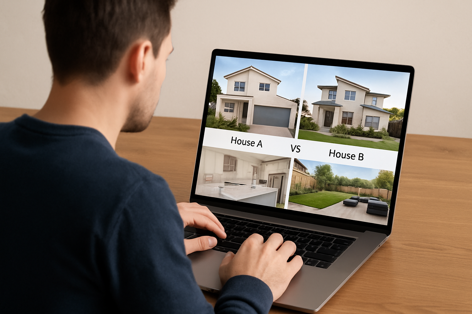 Hombre en computadora se ven fotos de que se est comparando modelos y amenidades de casas