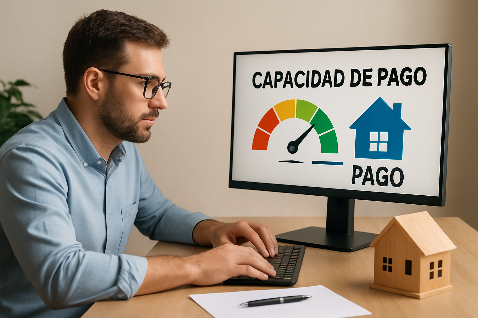 Hombre en un escritorio utilizando una computadora para evaluar su capacidad de pago para comprar casa En el escritorio se ve una casa de madera-1