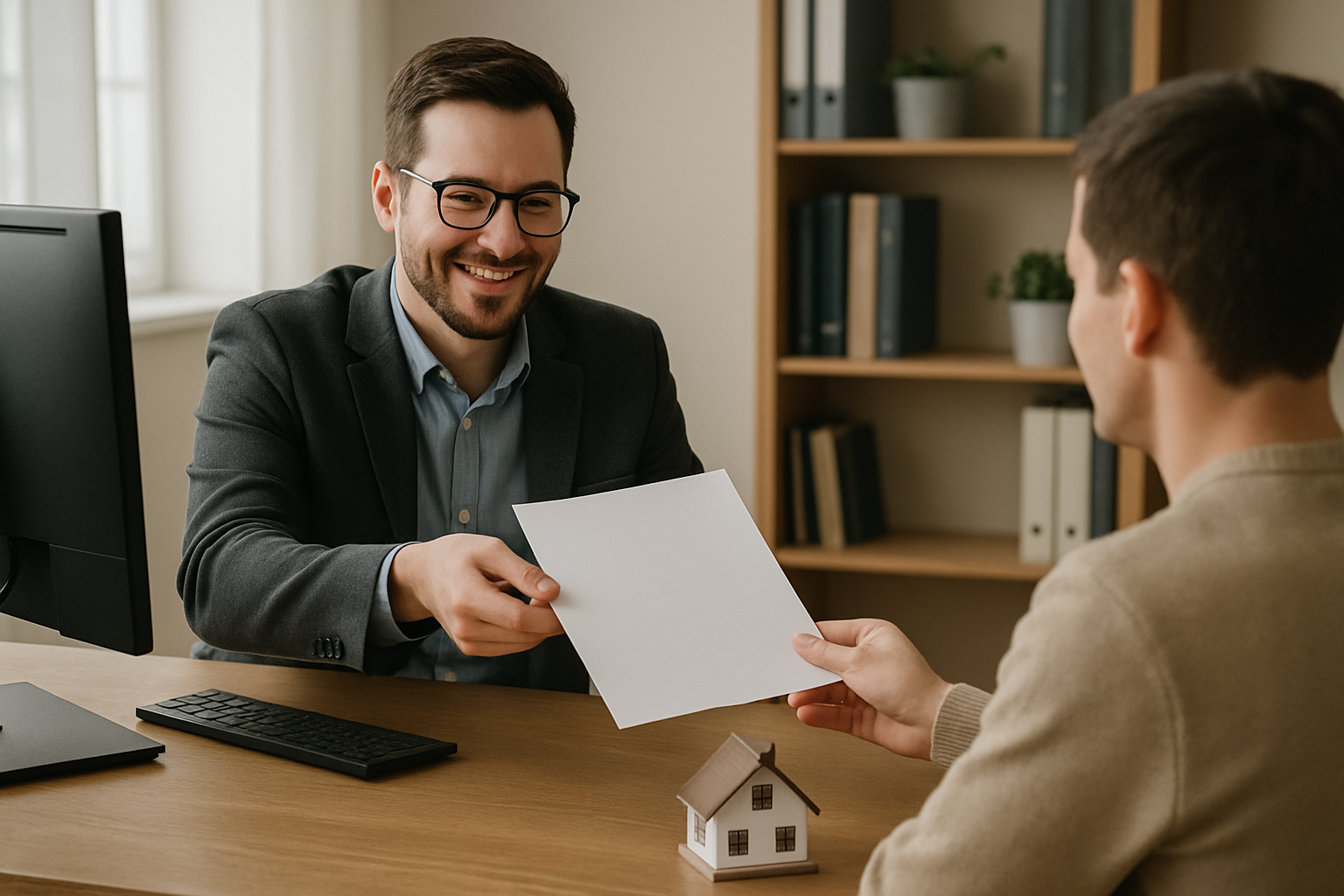 Hombre entregando documentos a una persona para renovar su preaprobacion y comprar casa ambos se encuentran sentados en un escritorio y hay una comput-3