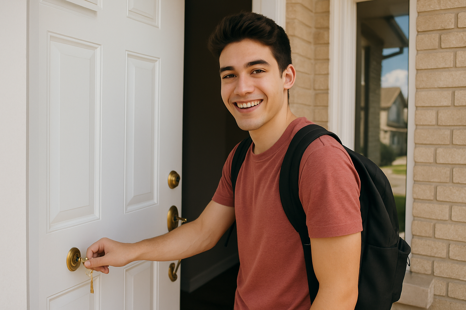 Hombre joven de 20 aos abriendo la puerta de su nueva casa