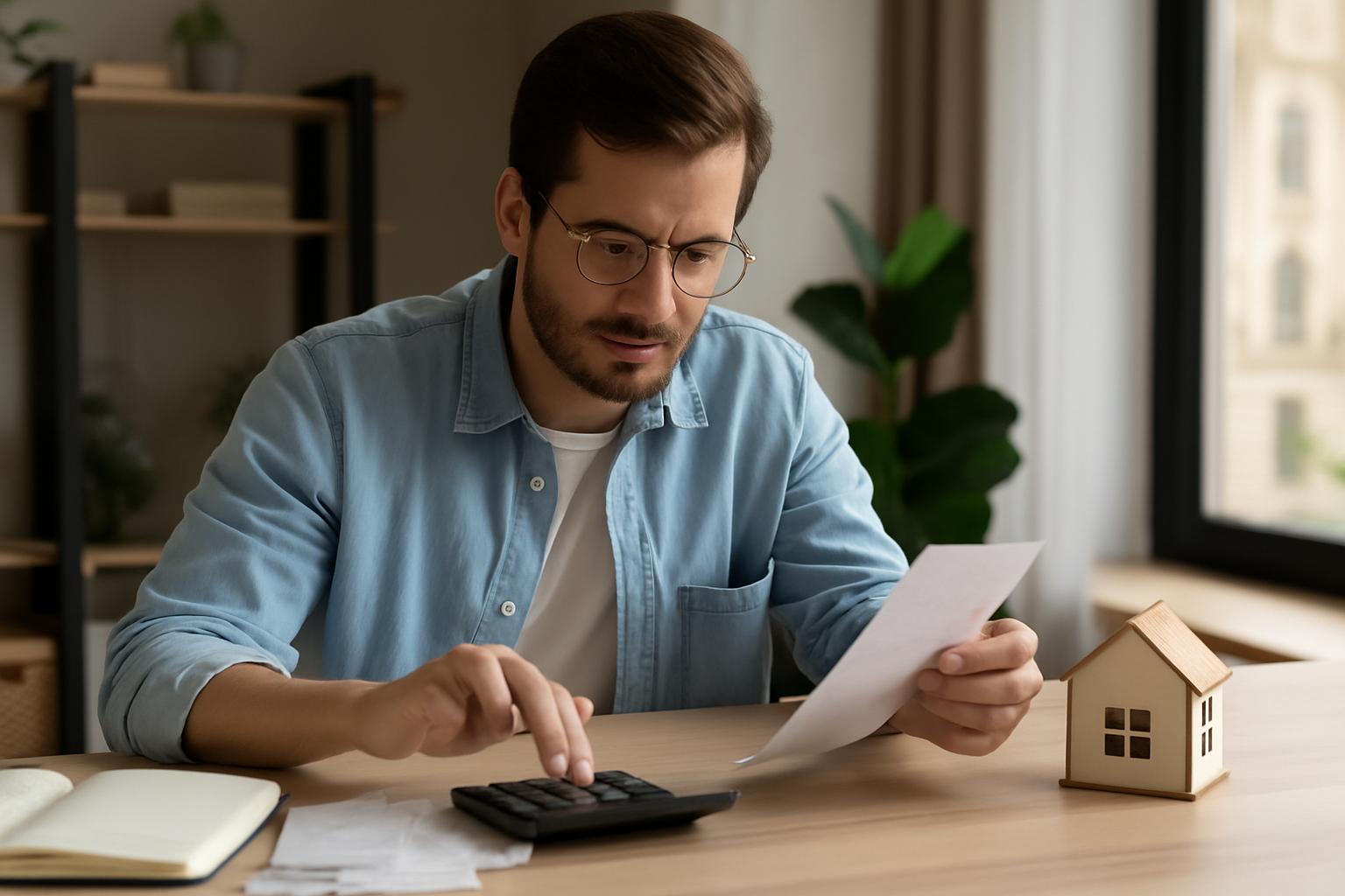 Hombre sentado en un escritorio usando una calculadora para sacar cuentas de sus gastos para comprar una casa-1