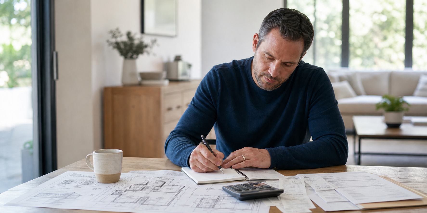 Hombre haciendo cuentas de cuánto le costaría arreglar su casa de problemas estructurales