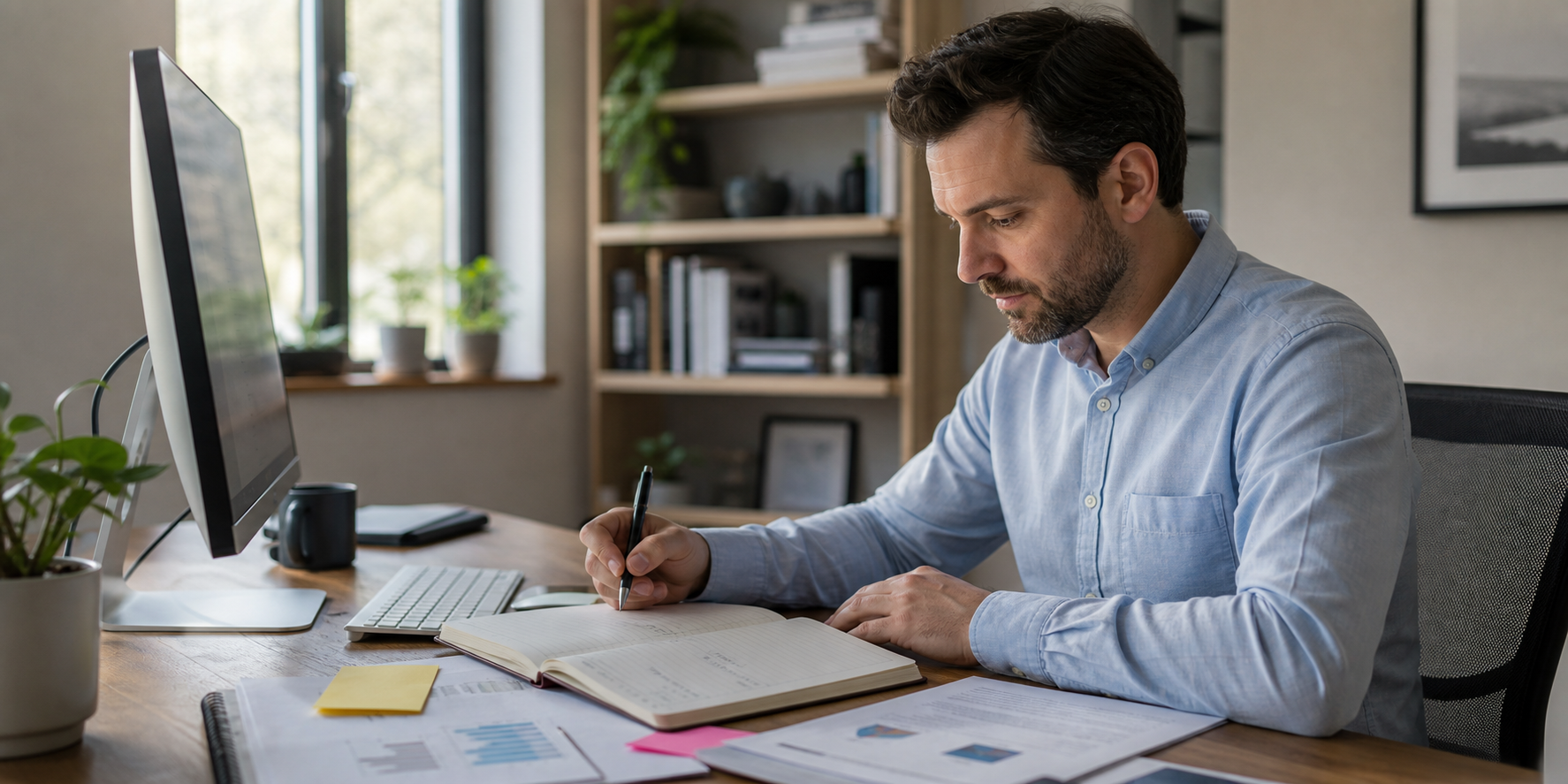 Hombre revisando sus pendientes del día. Frente a él, un escritorio con computadora de escritorio, agenda, documentos y una lista de tareas organizada por niveles de prioridad.