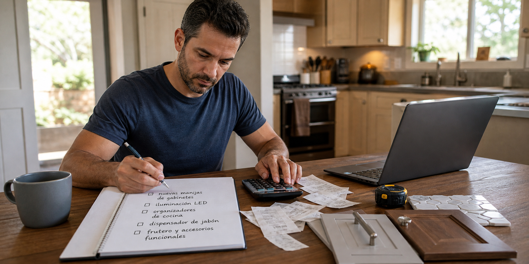Homeowner Planning Kitchen Upgrades with Budget and Notes