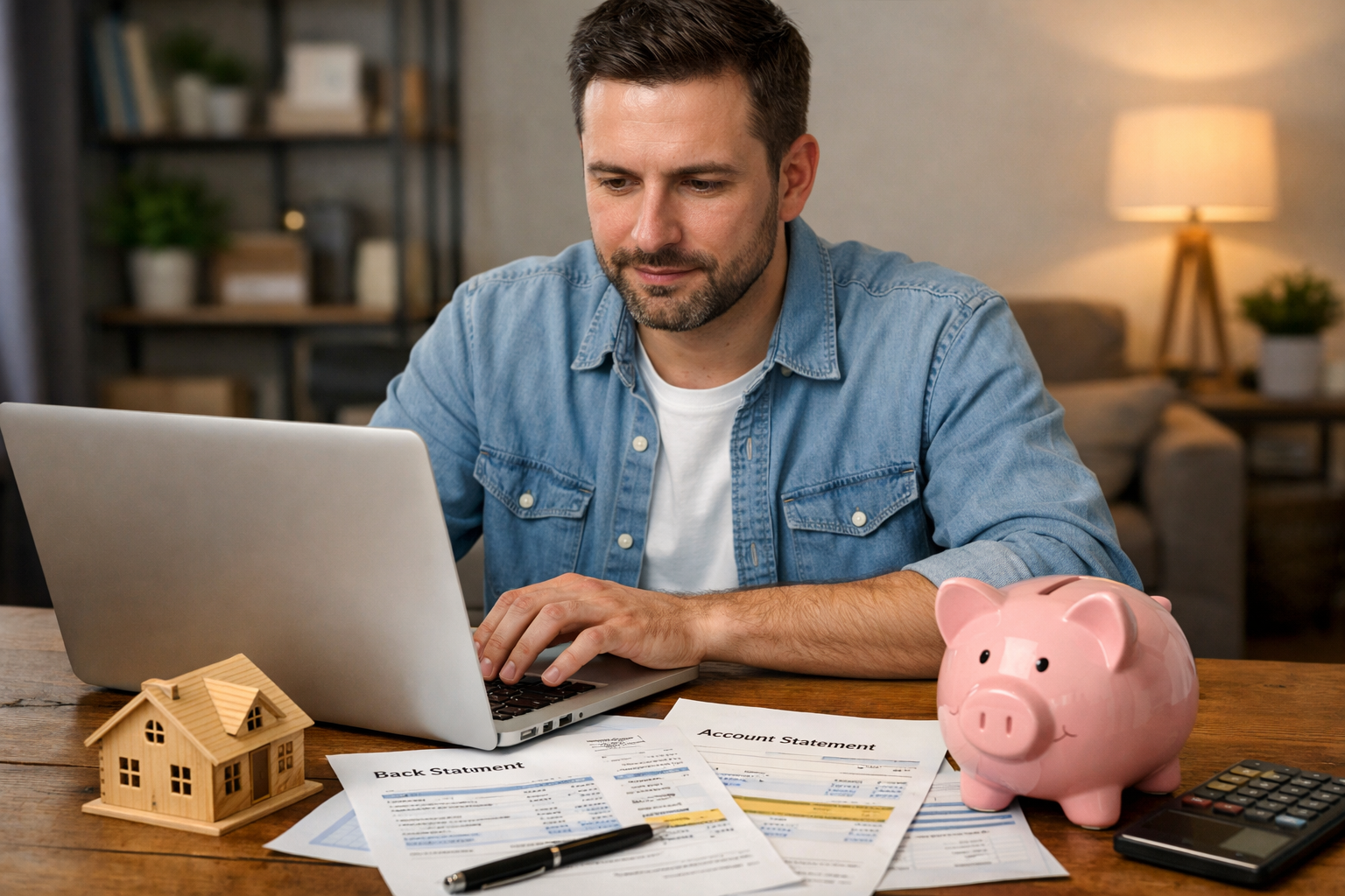 Imagen de un hombre en una computadora y en el escritorio se encuentran estados de cuenta una casa de madera y una alcanca de marrano