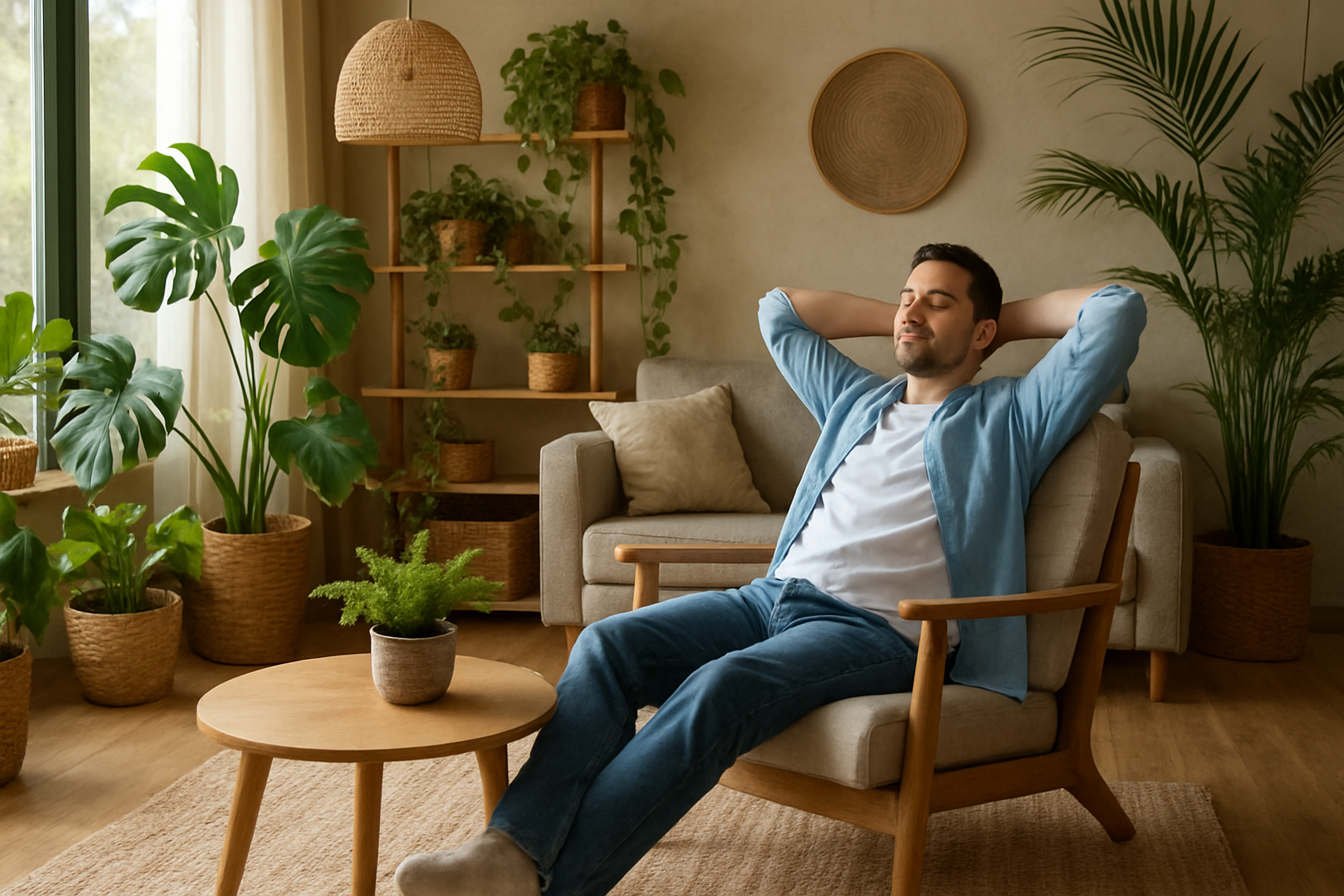 Imagen de un hombre relajado y descansando sentado en la sala de su casa que tiene un diseo bioflico-1