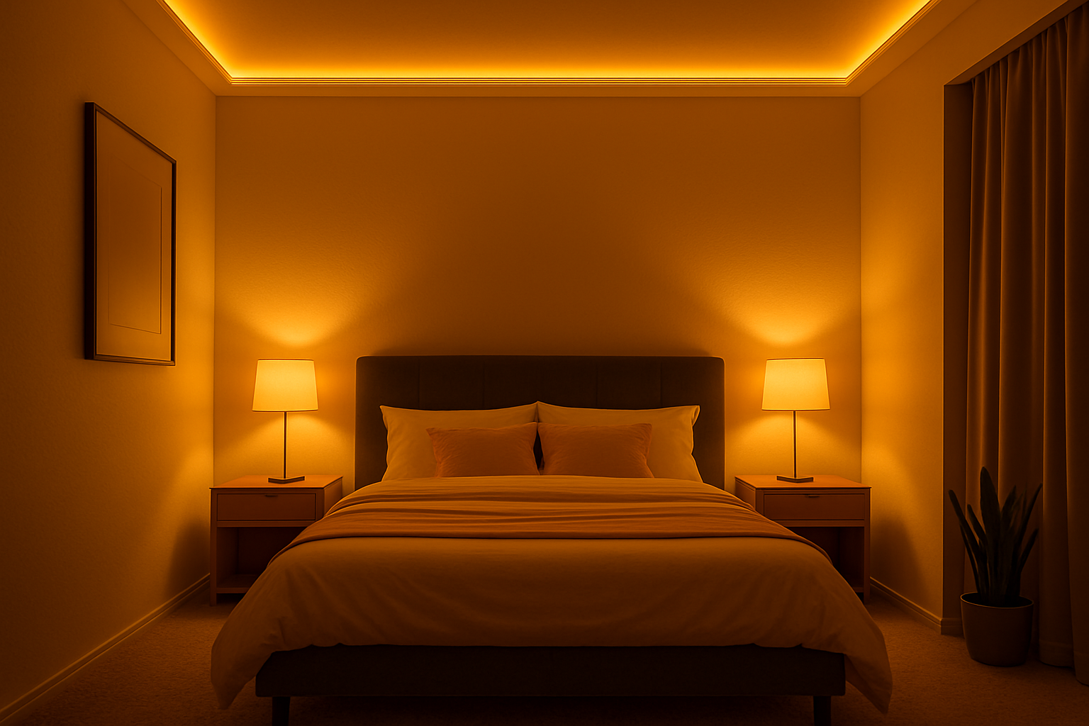 Imagen de una recmara con iluminacin LED color amarillo