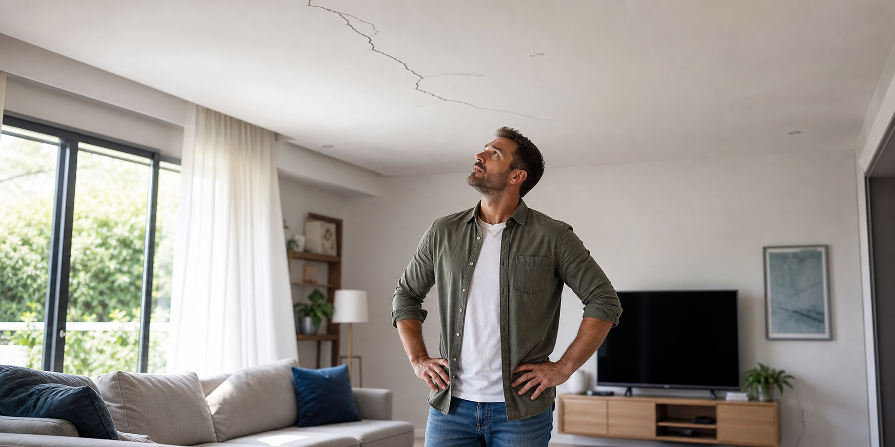 Hombre revisando el techo de la sala de su casa que no tenga grietas