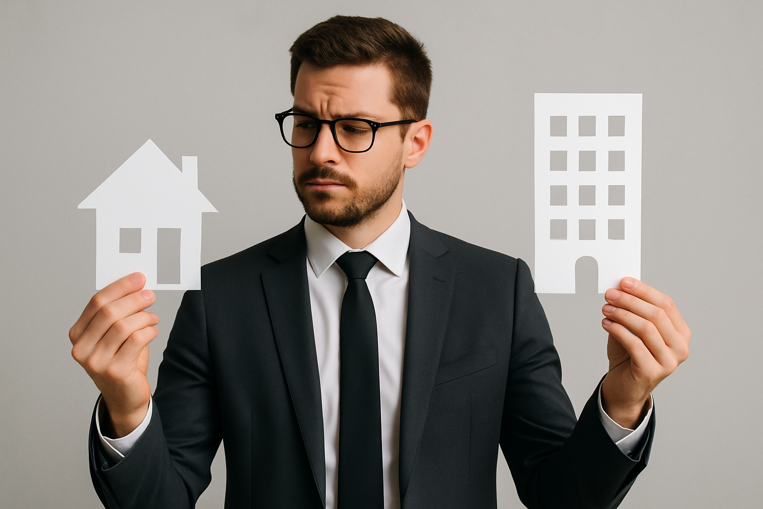 Joven empresario comparando si debe comprar una casa o departamento-1
